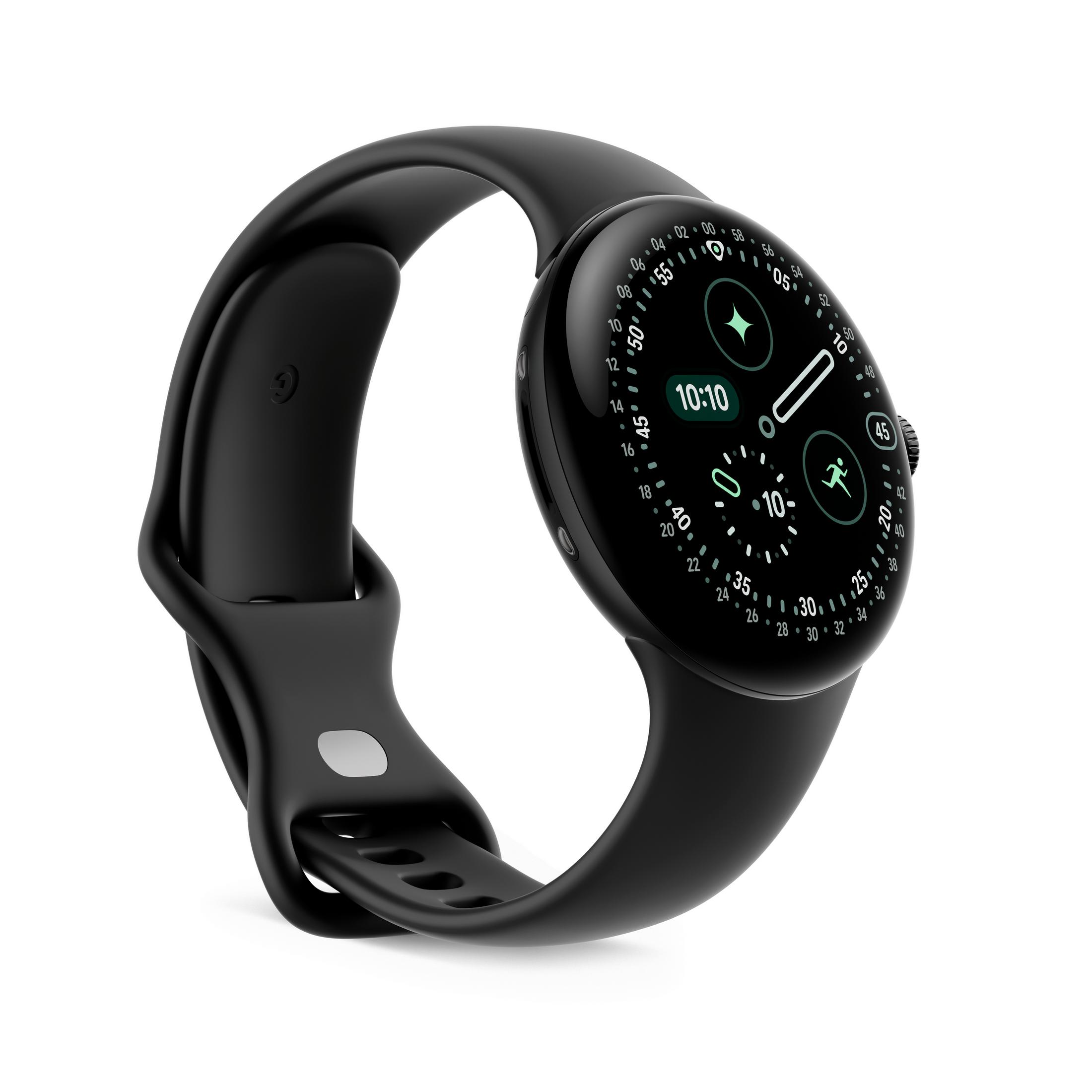 Czarny smartwatch z okrągłym wyświetlaczem pokazującym 10:10 i aplikację do biegania.