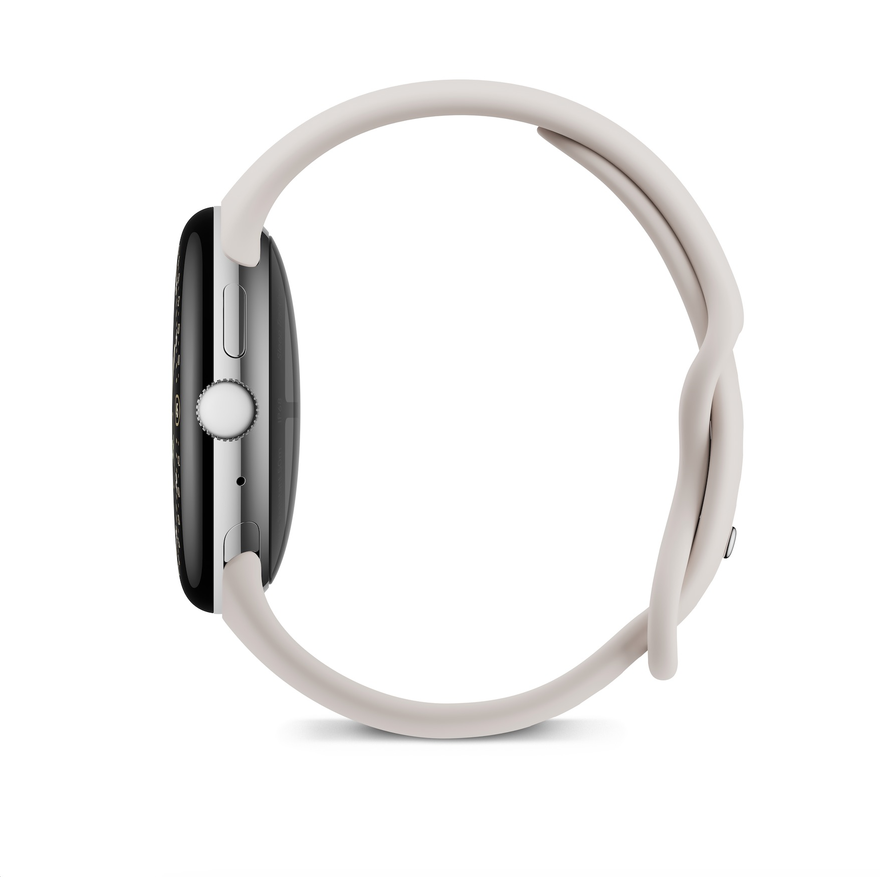 Srebrny smartwatch z białym paskiem, widziany z boku.