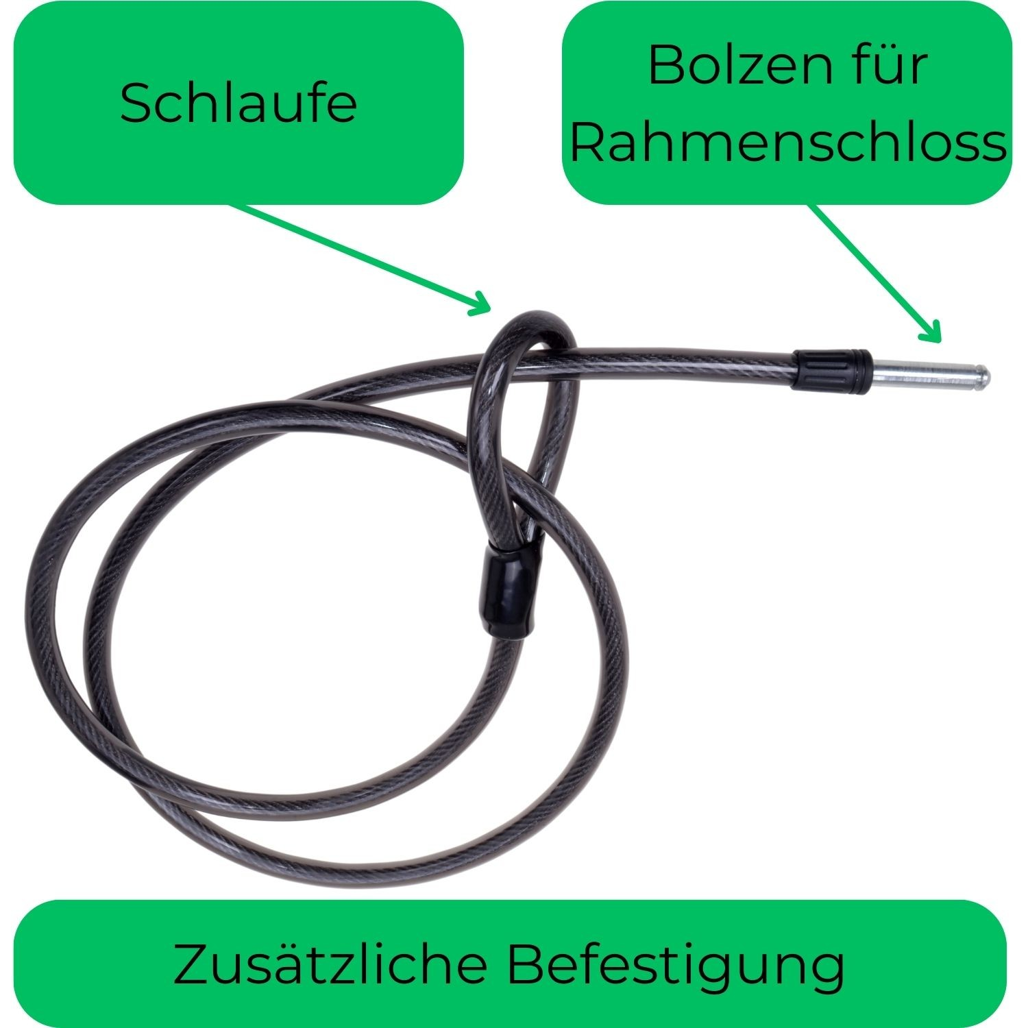 Schwarzes Fahrradschloss mit Schlaufe und Bolzen für Rahmenschloss.