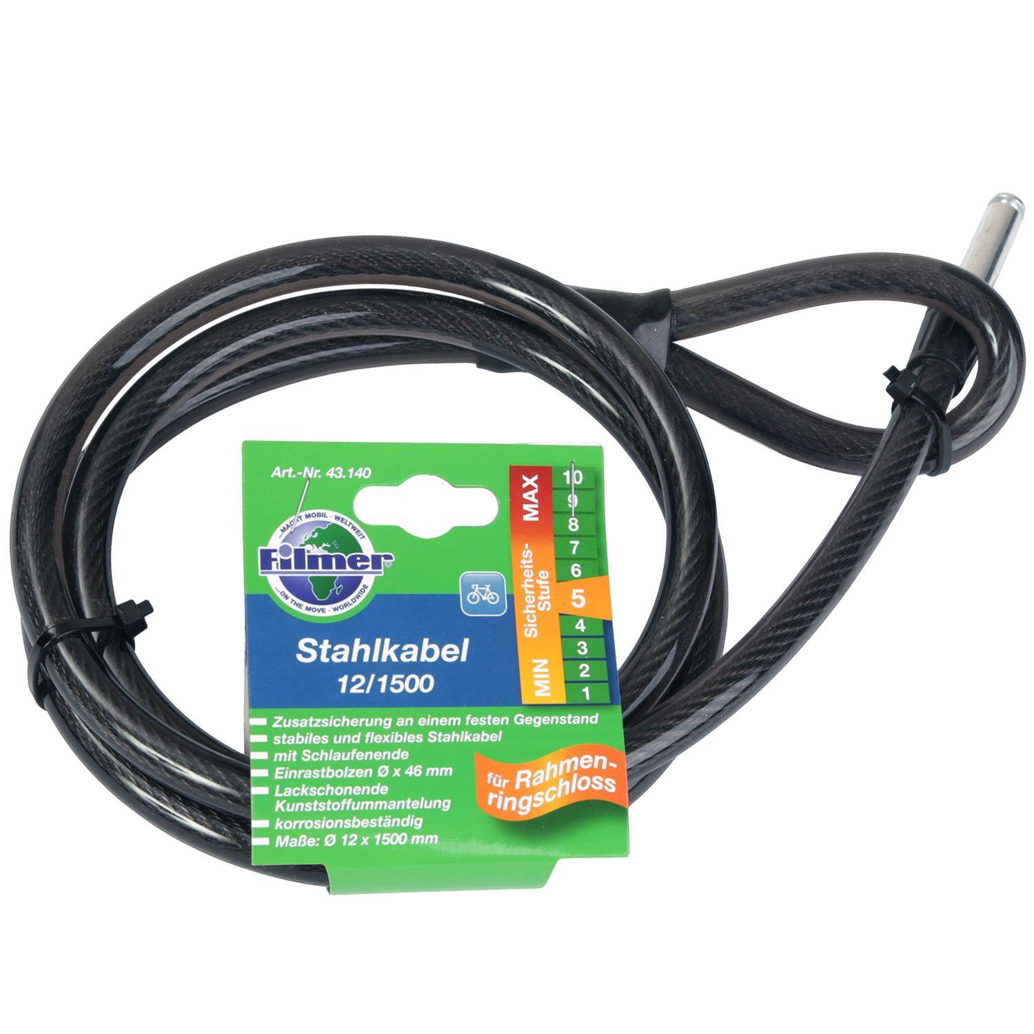 Schwarzes Fahrradschloss-Stahlkabel mit Sicherheitsskala und Produktinformationen.