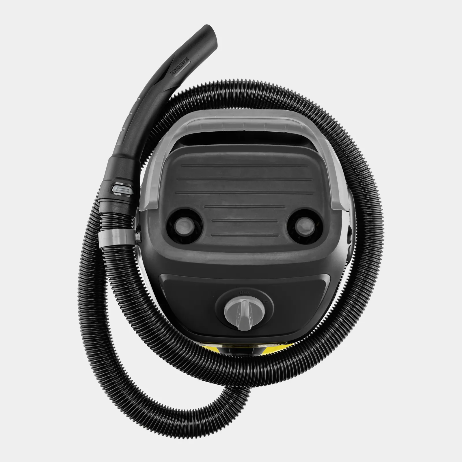 Black Kärcher wet/dry vacuum cleaner with flexible hose, on a gray background.