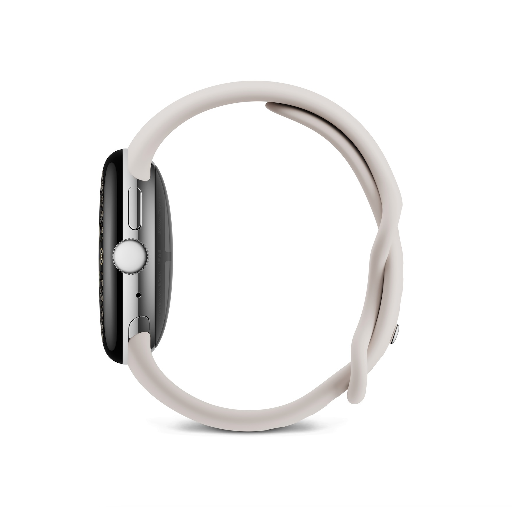 Szary smartwatch z jasnobeżową bransoletą na białym tle.