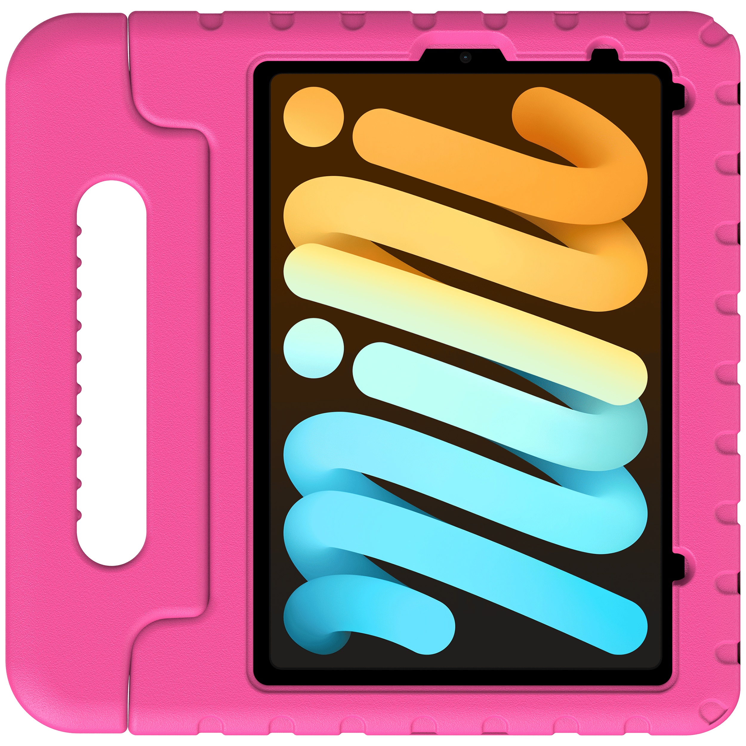 Ein pinker Kinderschutz für ein Tablet mit orangen und blauen Wellen.
