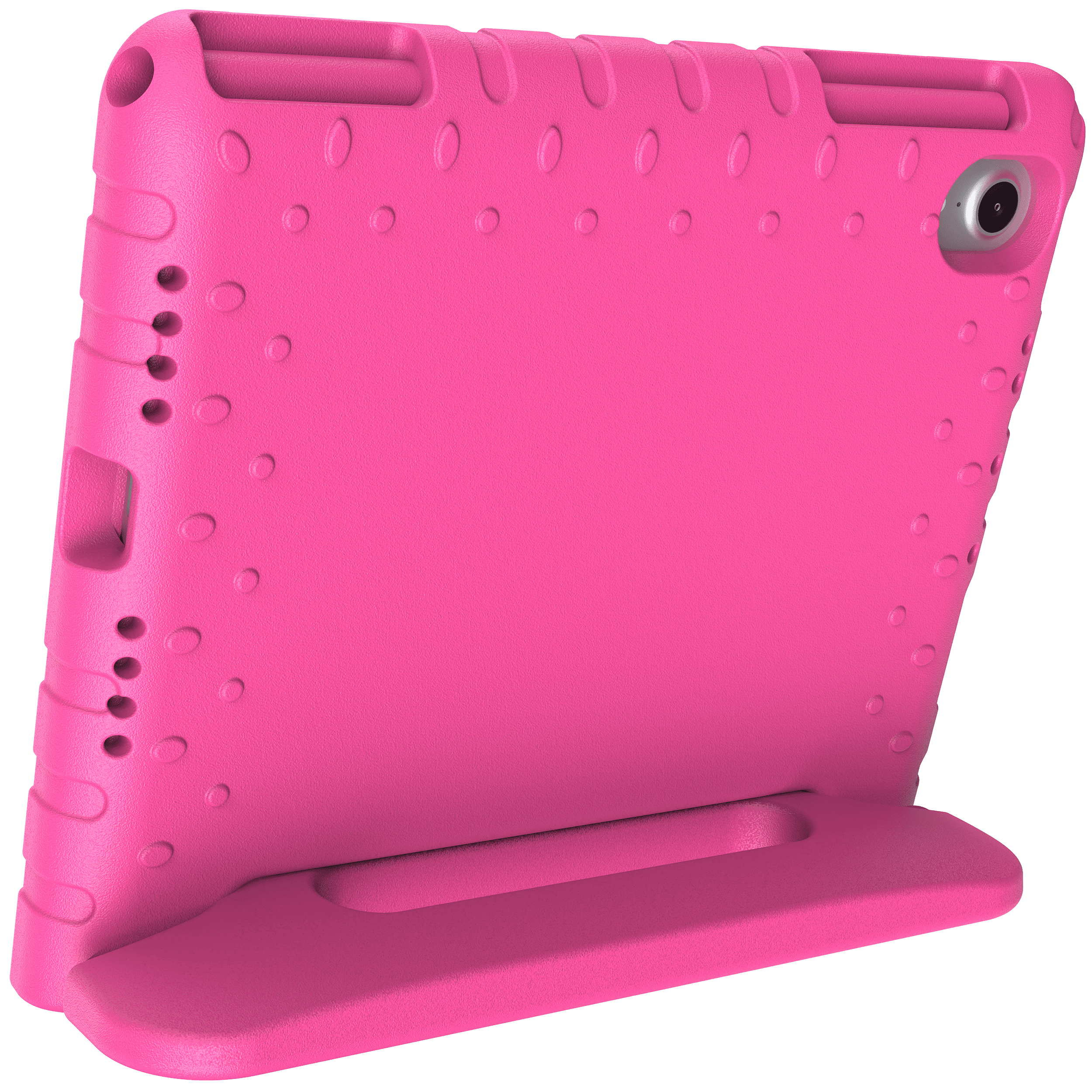 Eine pinke Tablet-Hülle mit Ständer und Kameraloch.
