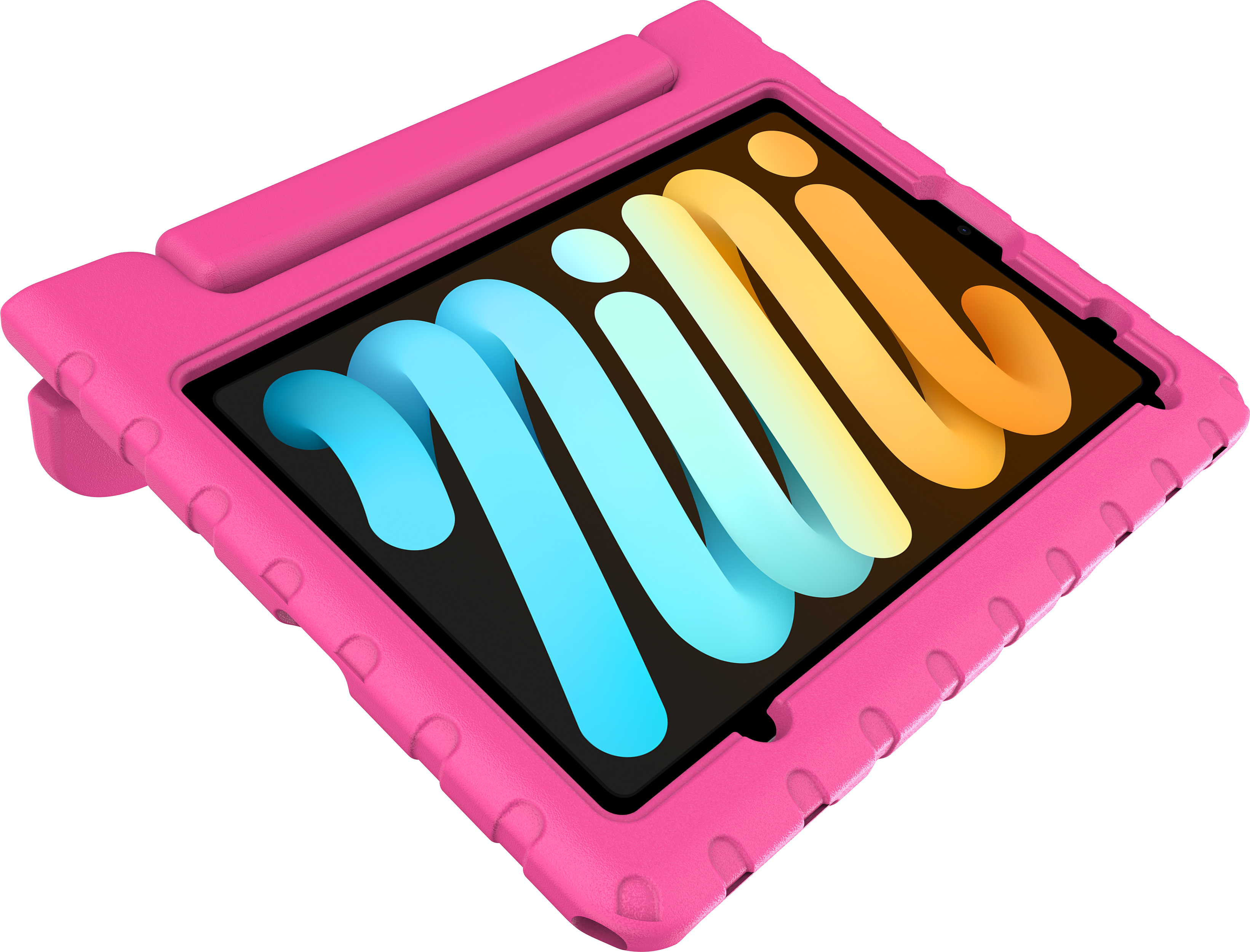 Ein pinker Kinderschutz für ein Tablet mit buntem Hintergrund.