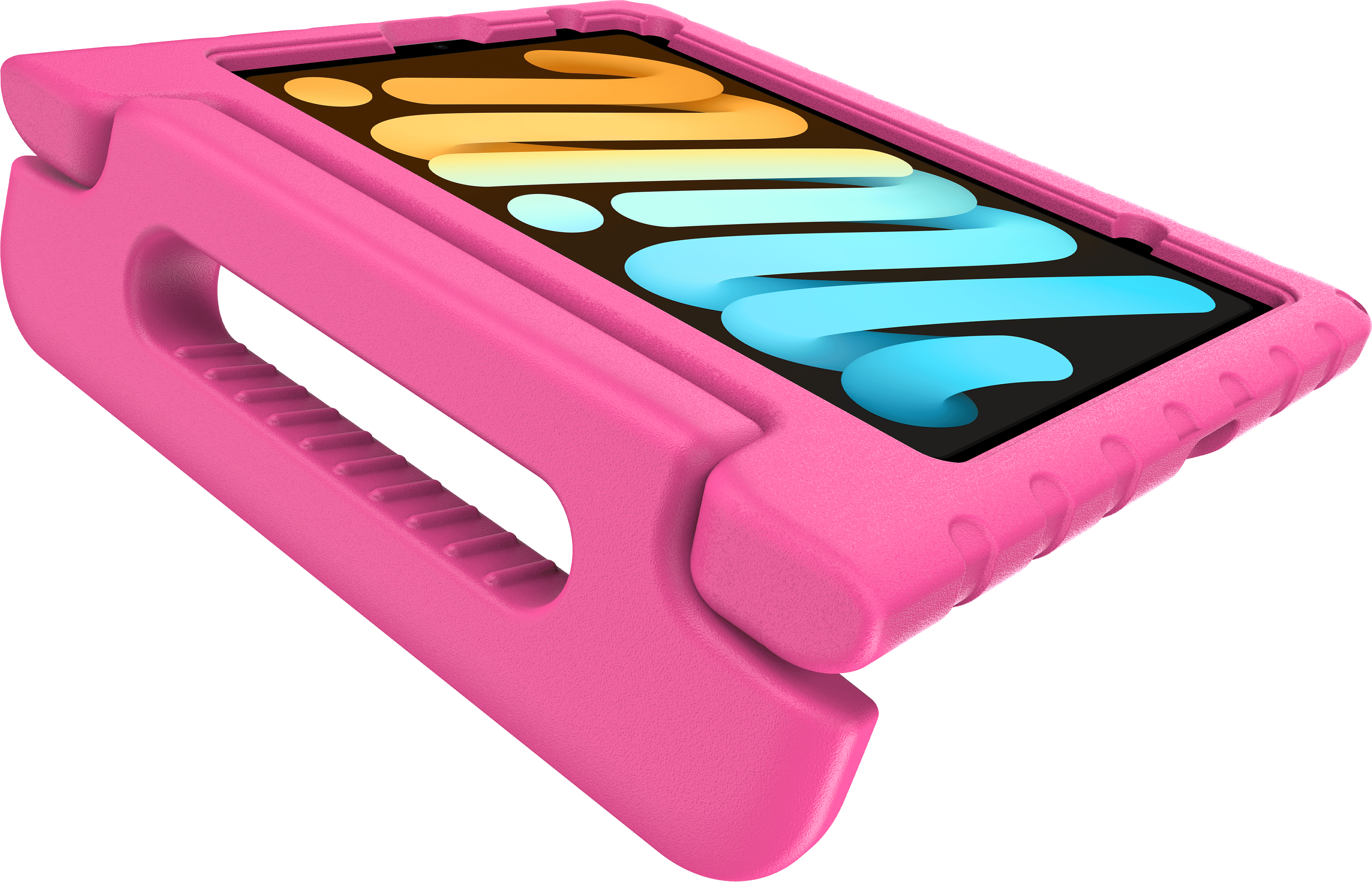 Ein rosafarbener Kinderkoffer mit Griff für ein Tablet, das einen bunten Bildschirm zeigt.