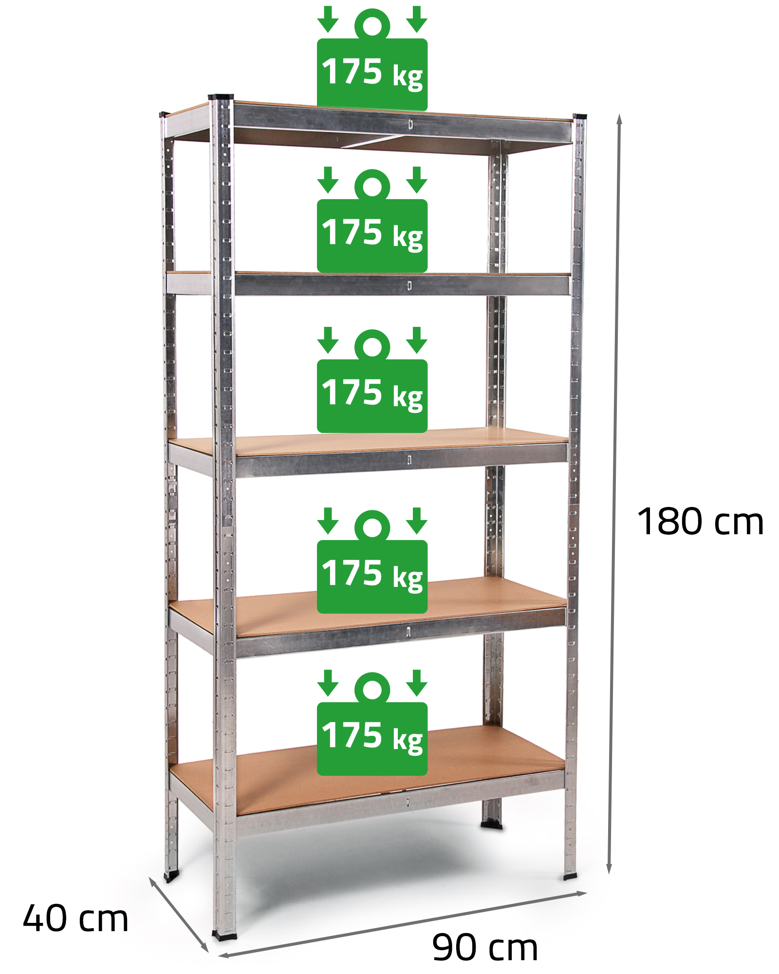 Ein 180 cm hohes Regal mit 5 Böden, 90 cm breit, 40 cm tief.