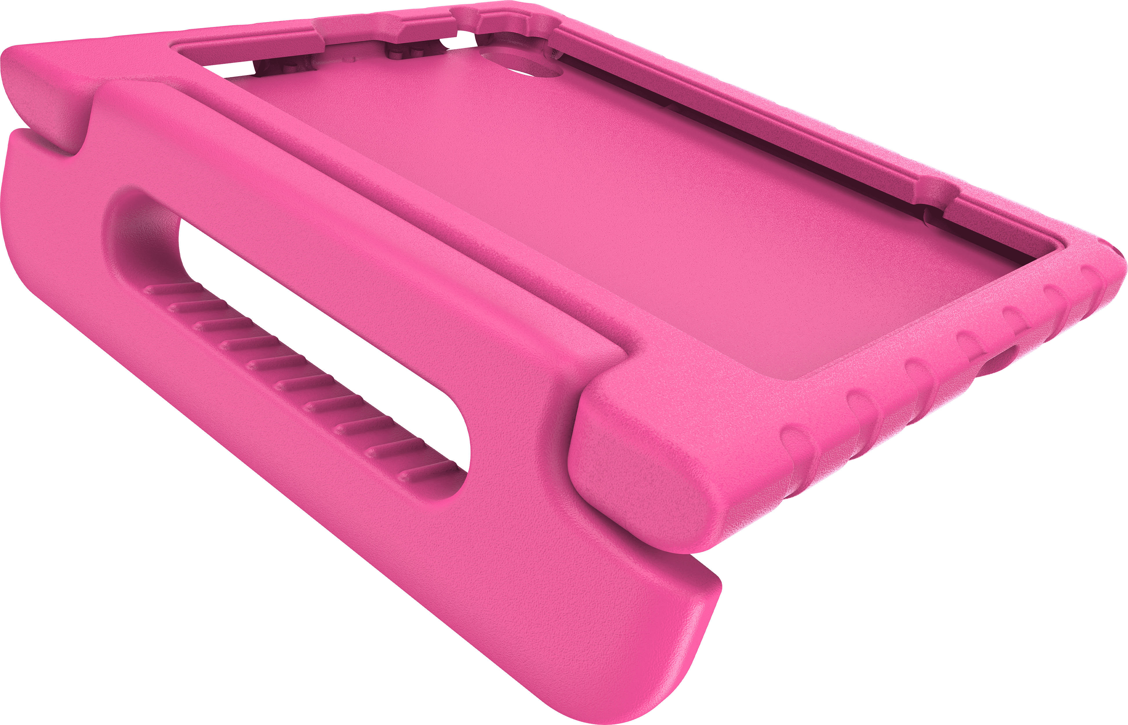 Ein pinker Tablet-Schutz mit Griff und Aussparungen.