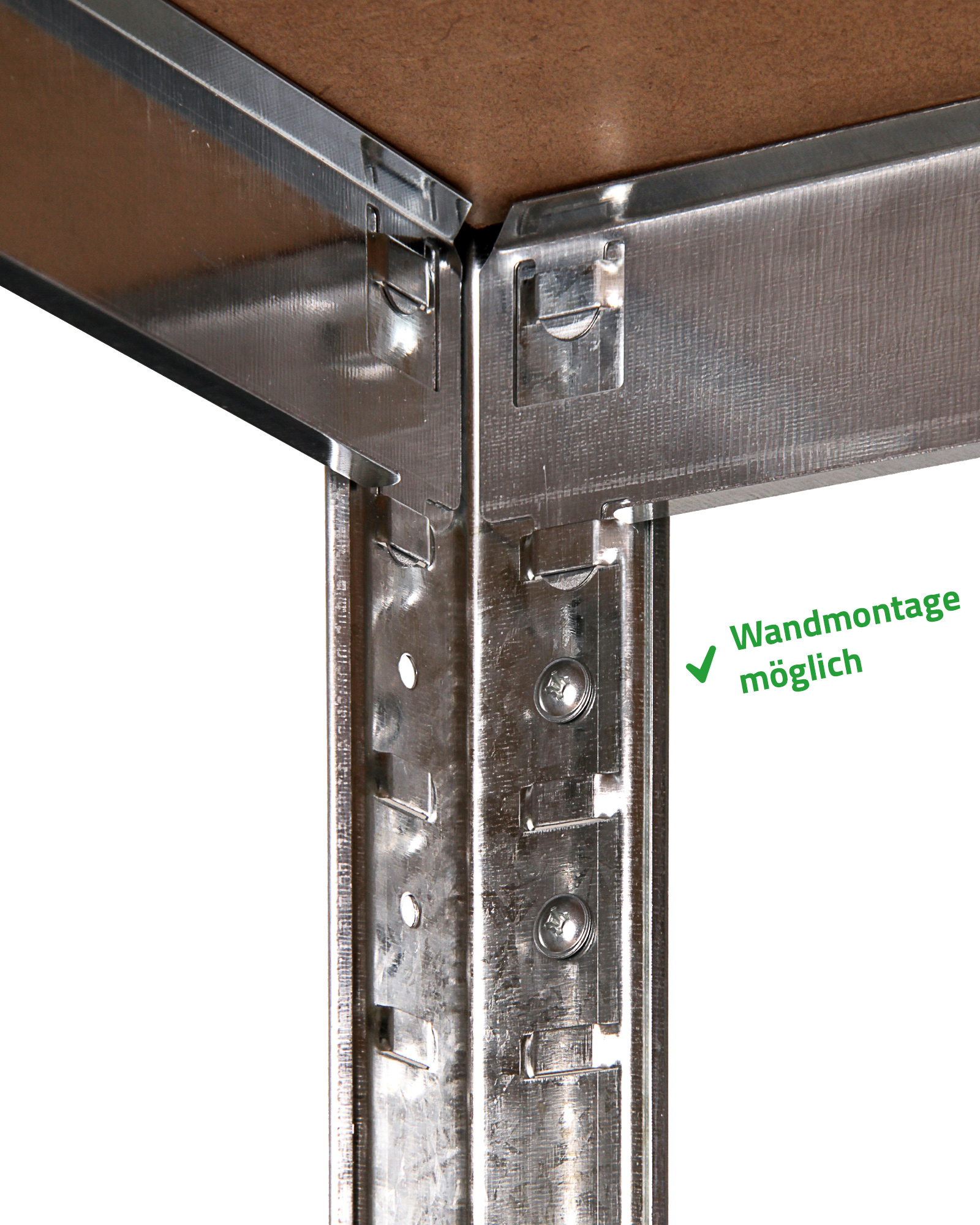 Detail einer Regalstruktur aus Metall mit Holzplatte und Text 'Wandmontage möglich'.
