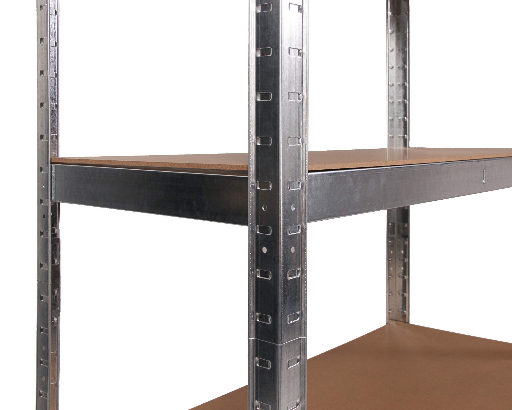 Detailansicht eines silbernen Metallregals mit braunen Holzplatten.