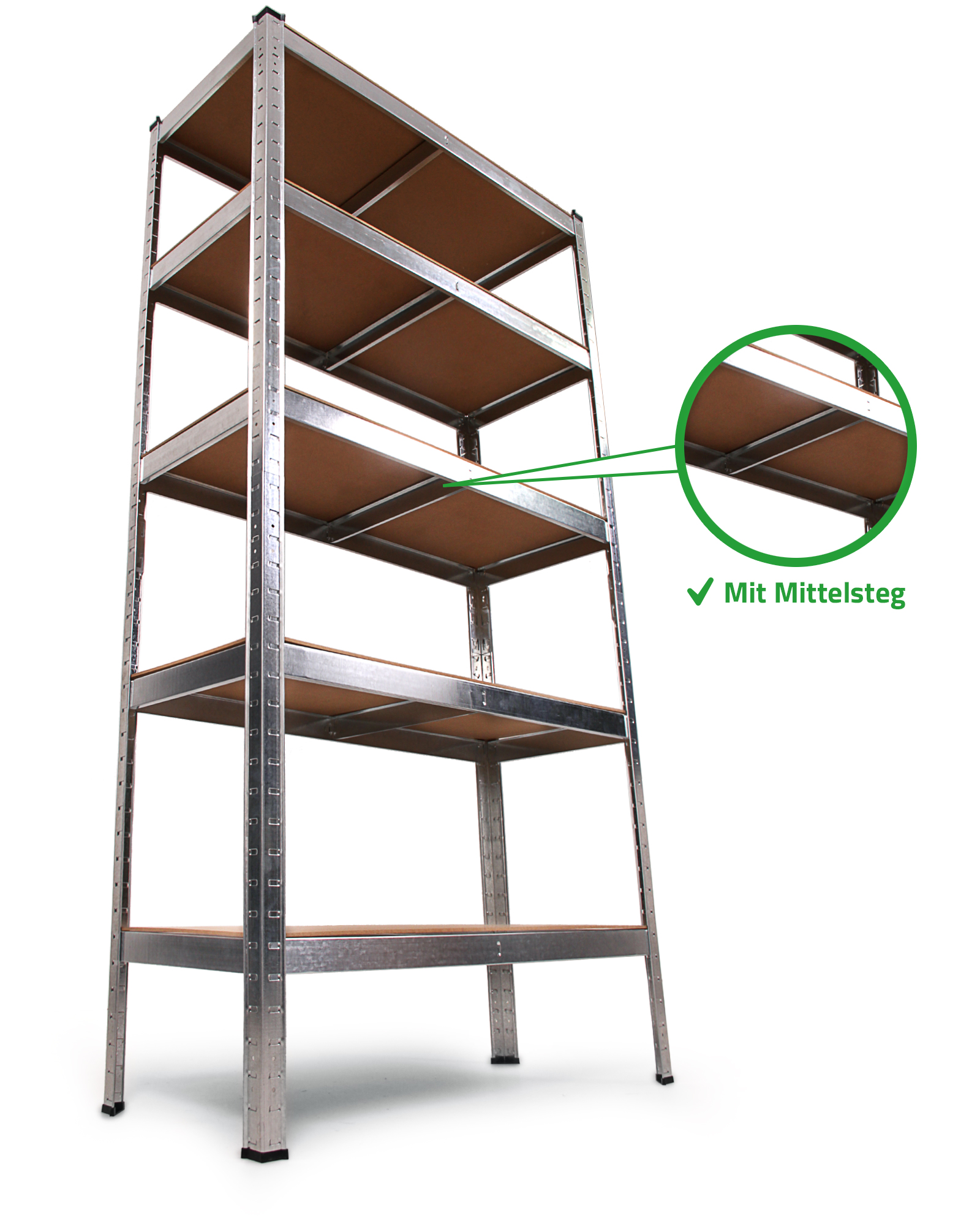 Ein silbernes Regal mit fünf Holzbrettern und einer Nahaufnahme eines Mittelstegs.