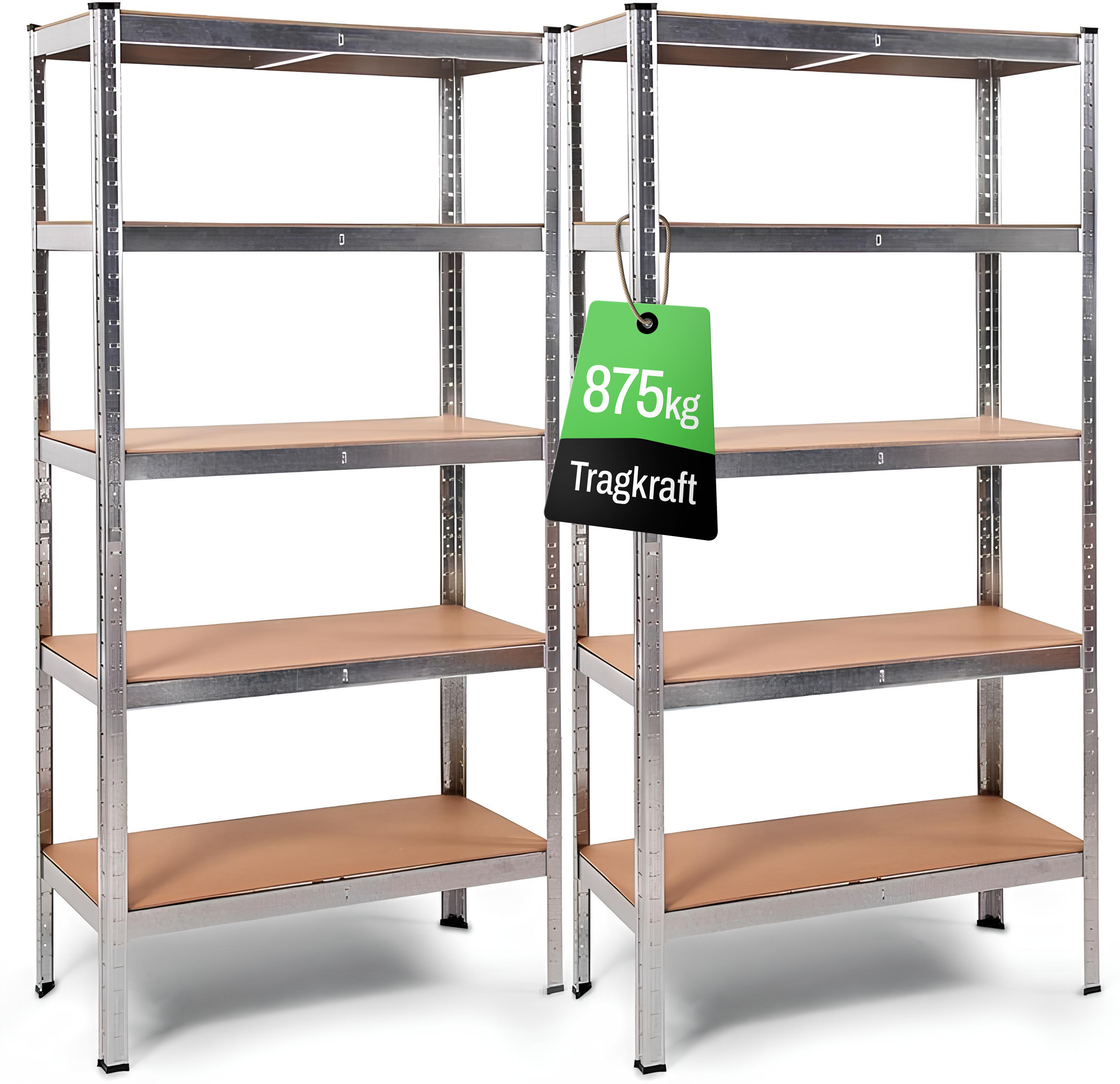 Zwei leere silberne Regale mit Holzbrettern und einem Tragkraft-Etikett.