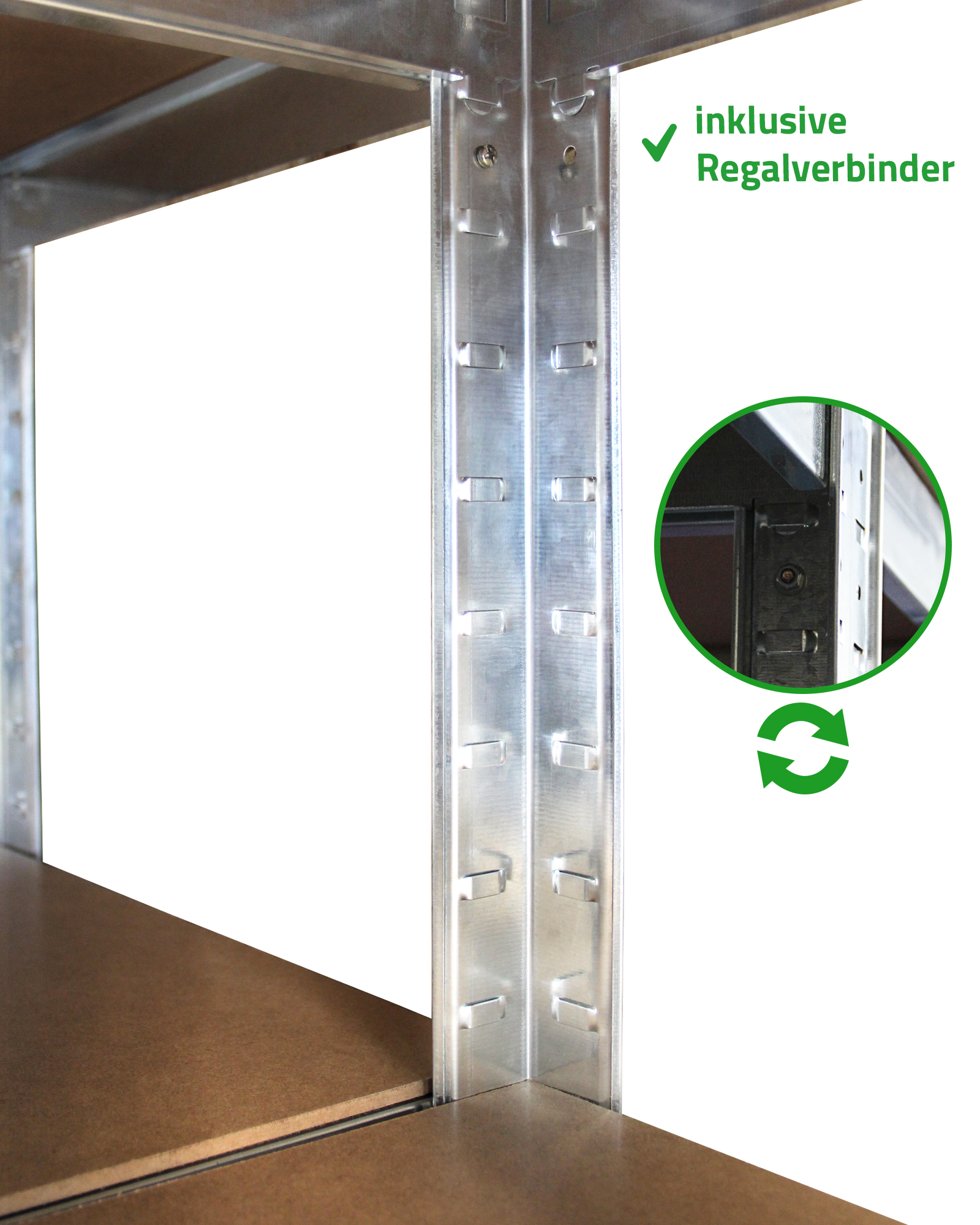 Metallregal mit Holzplatten und Verriegelungsmechanismus.