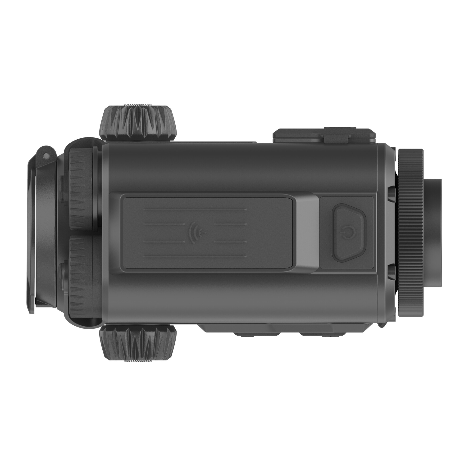 Schwarzes Optikgerät mit Rändelrädern und einem Power-Button.