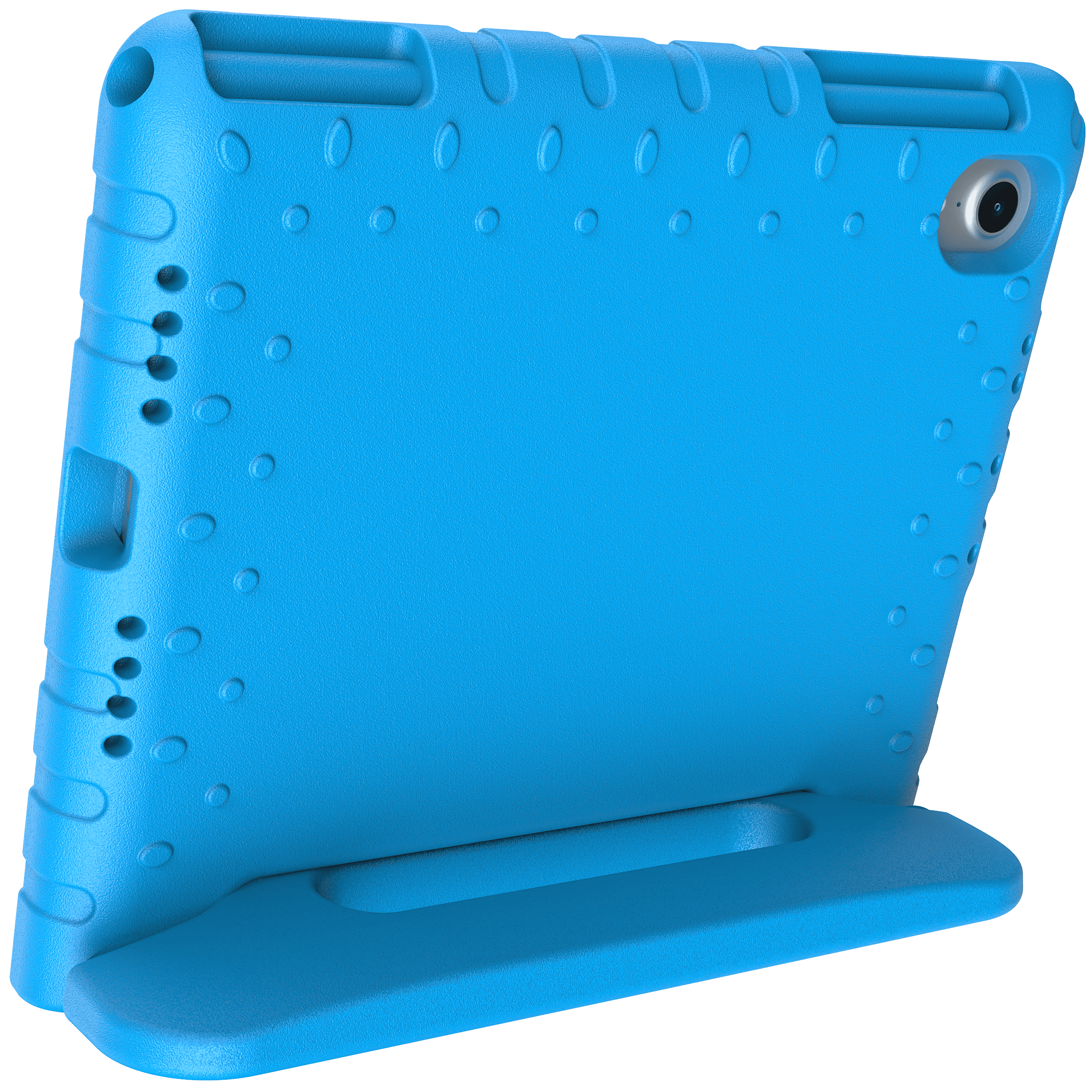 Blaue Tablet-Hülle mit Ständer und Kameraausschnitt.