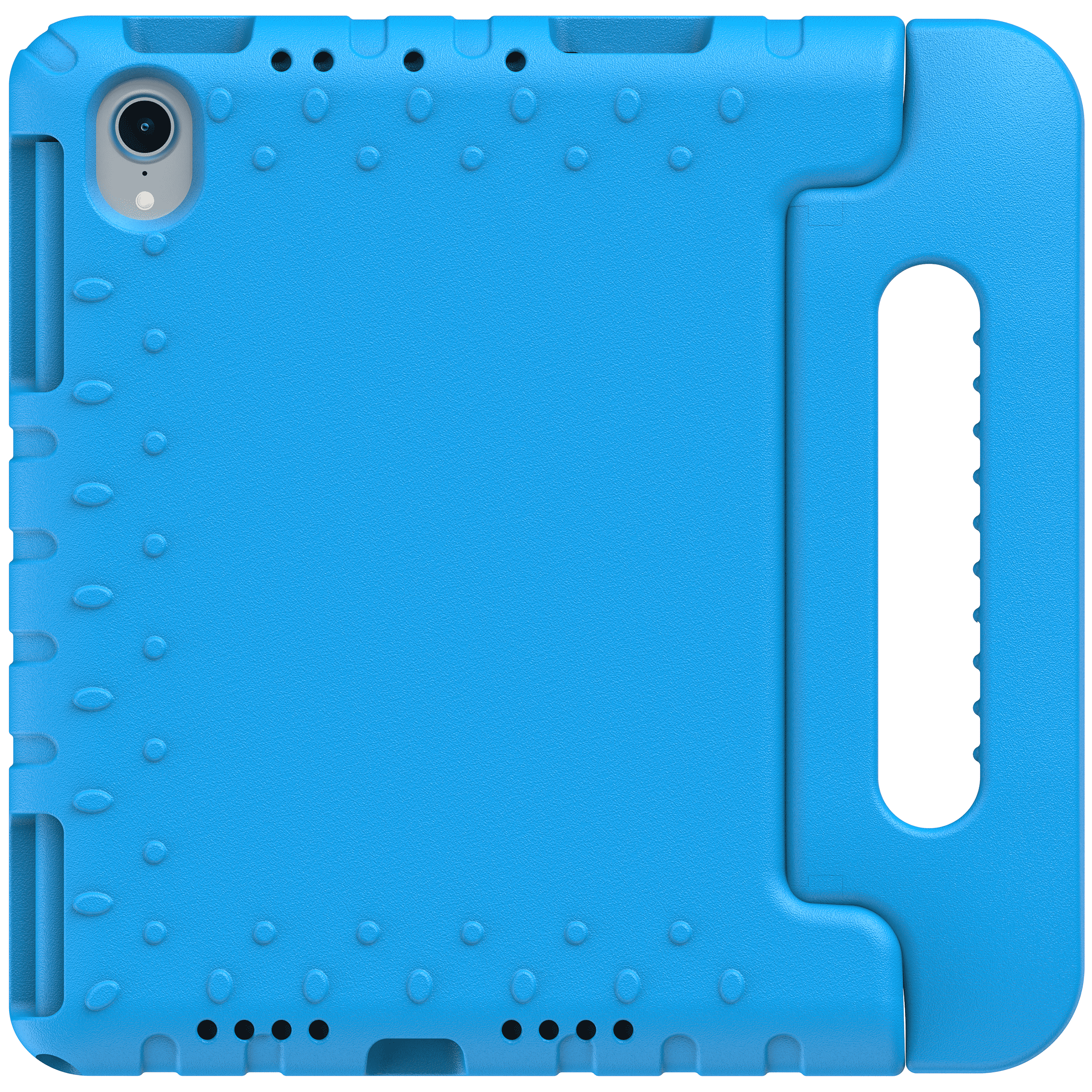 Blaue Tablet-Hülle mit Griff und Kameraaussparung.