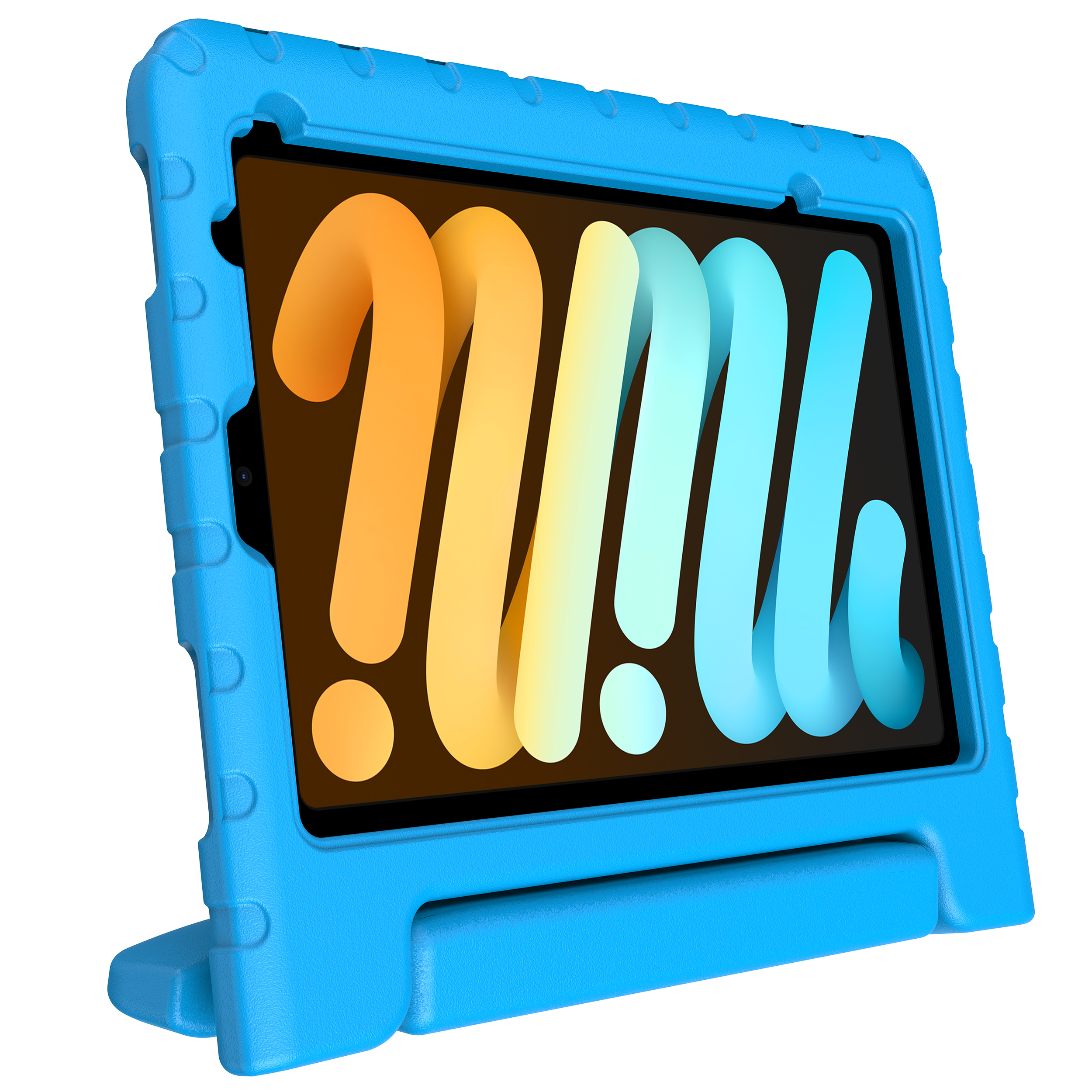 Ein blaues Tablet-Case mit integriertem Ständer, das ein Logo mit Farbverlauf zeigt.