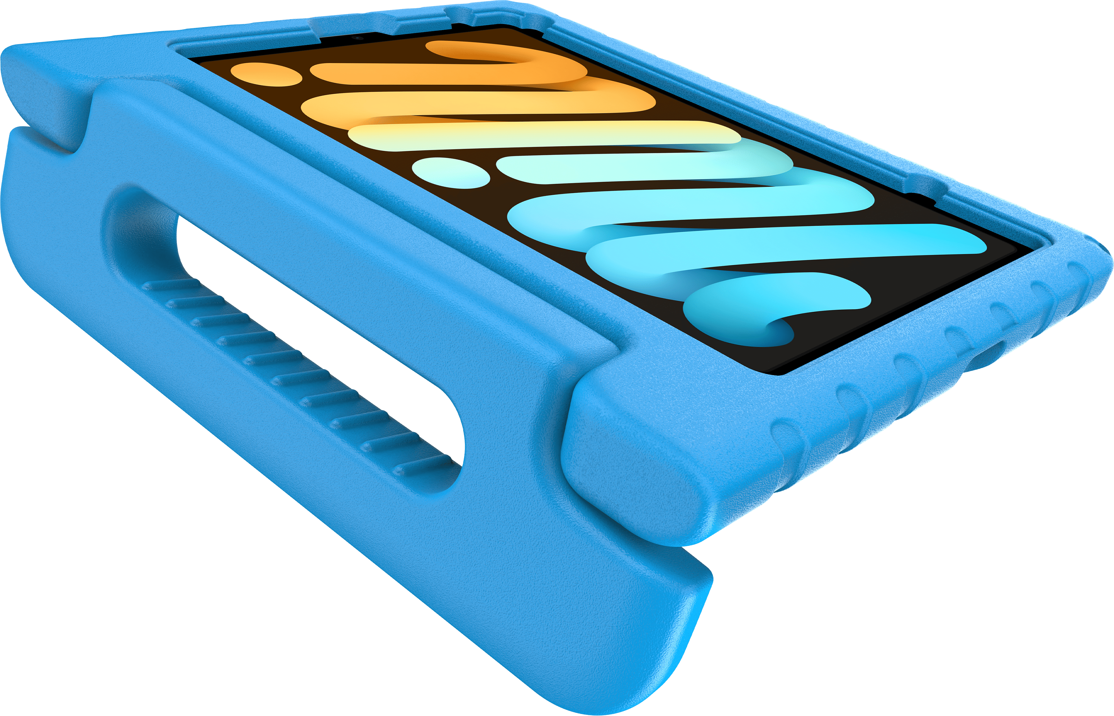 Ein blaues Tablet-Schutzgehäuse mit Griff und Display.