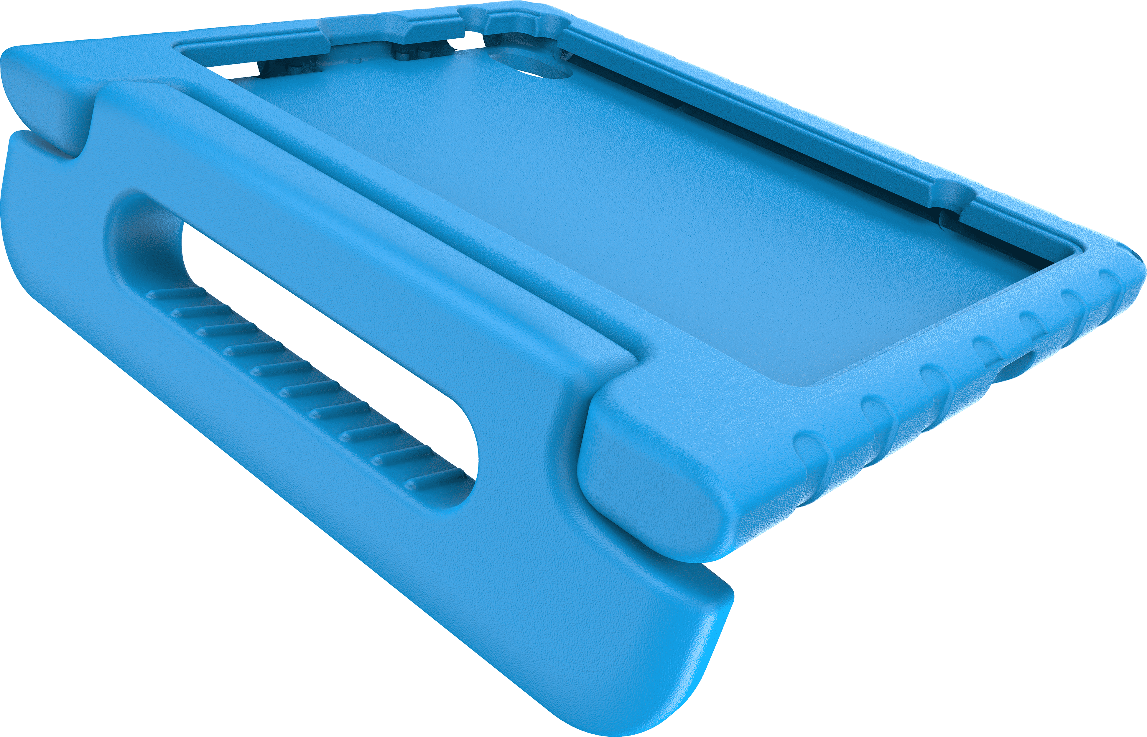 Blauer Tablet-Ständer mit Griff und Rillen.