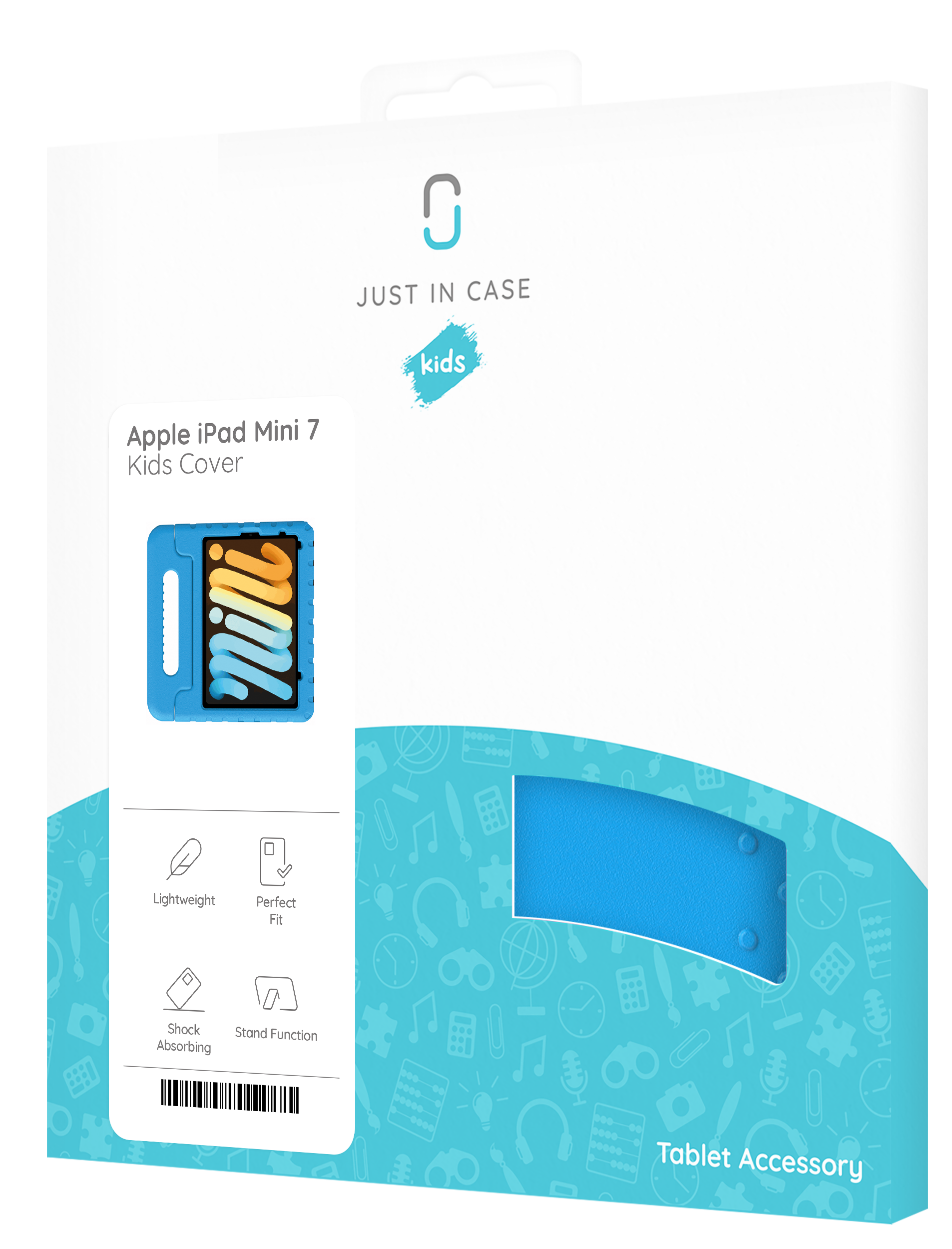 Verpackung für ein blaues iPad Mini 7 Kinder-Case mit Illustrationen.