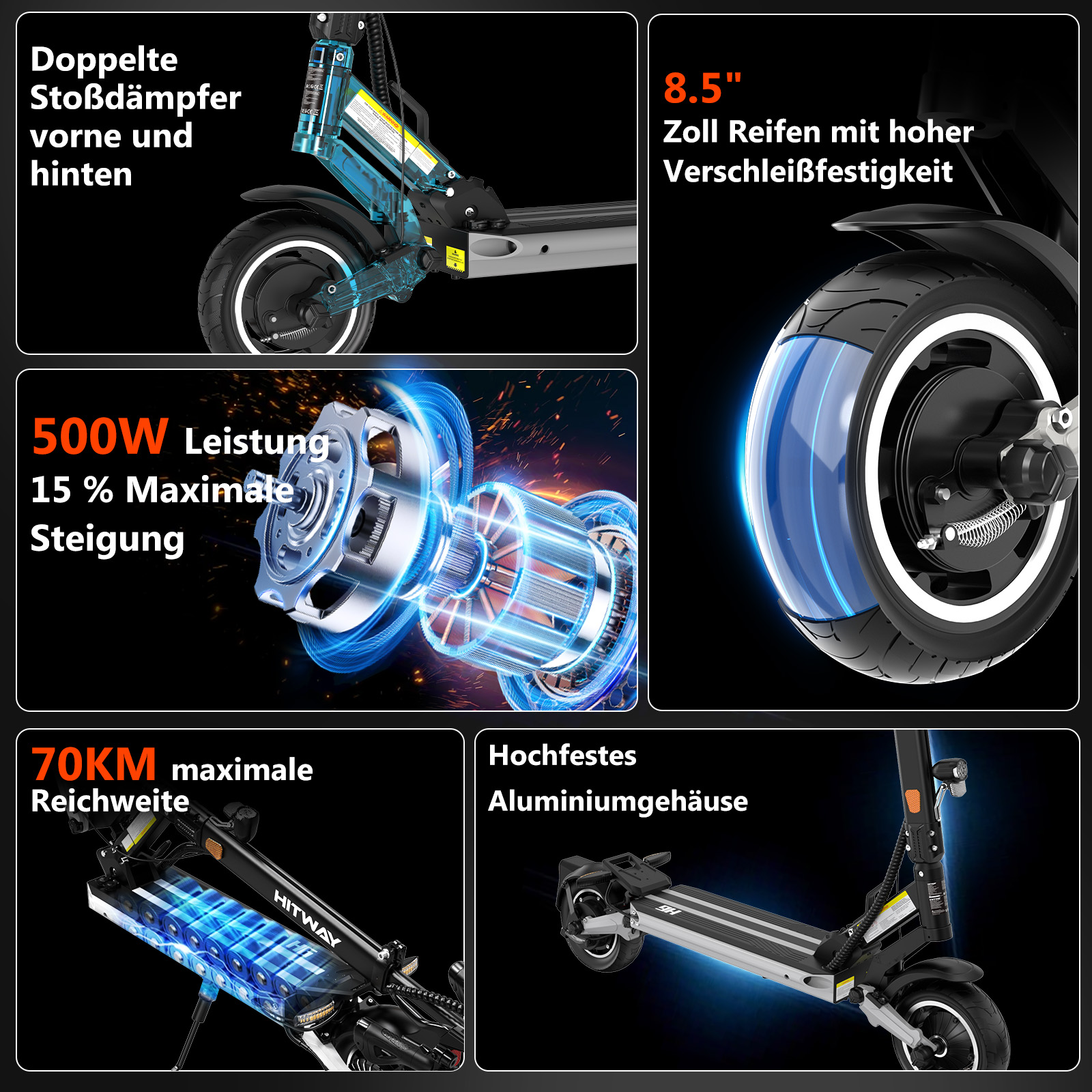 Elektroroller mit Stoßdämpfern, 500W Motor, 8,5-Zoll-Reifen, 70km Reichweite.