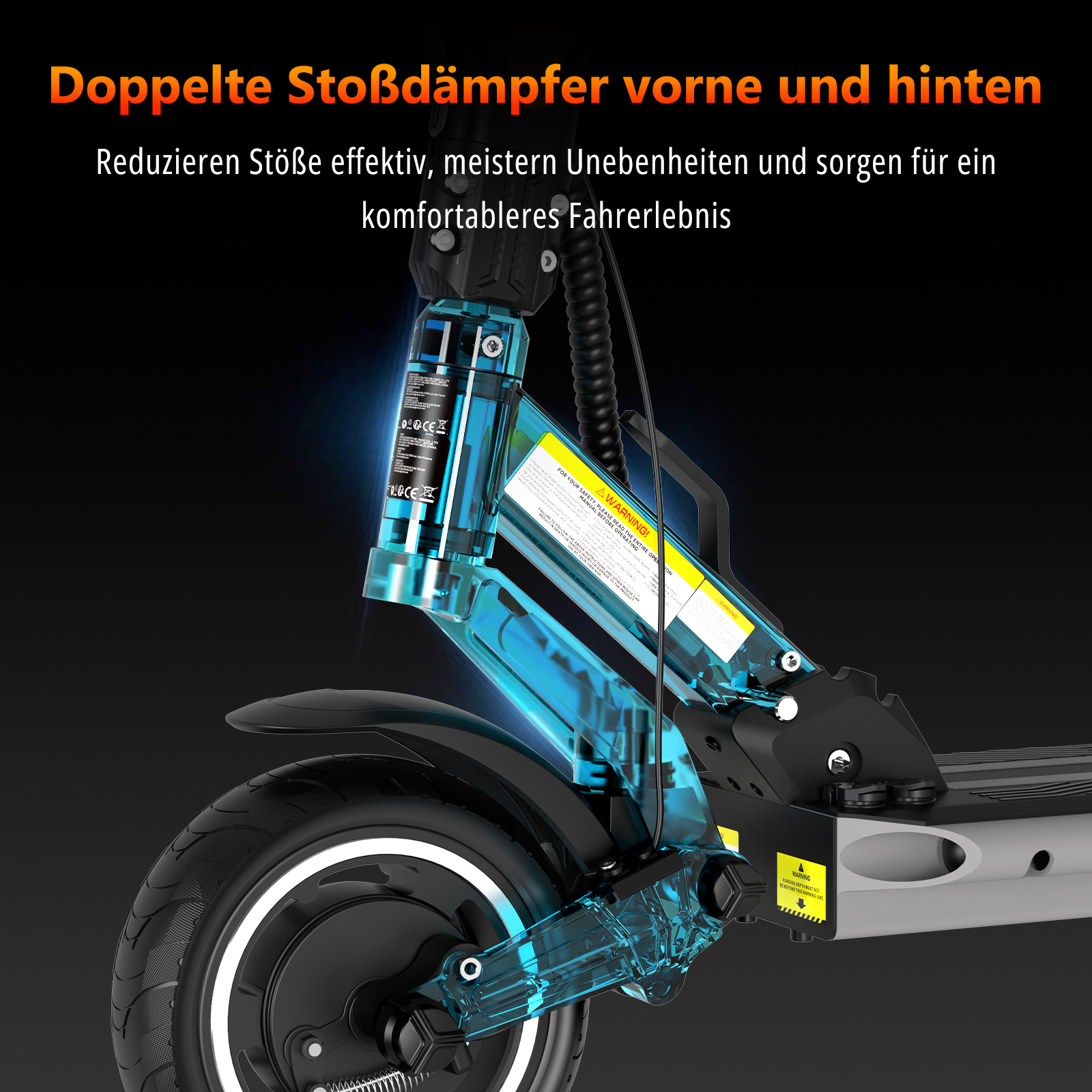 Elektroroller mit doppeltem Stoßdämpfer, blauem transparentem Gehäuse.