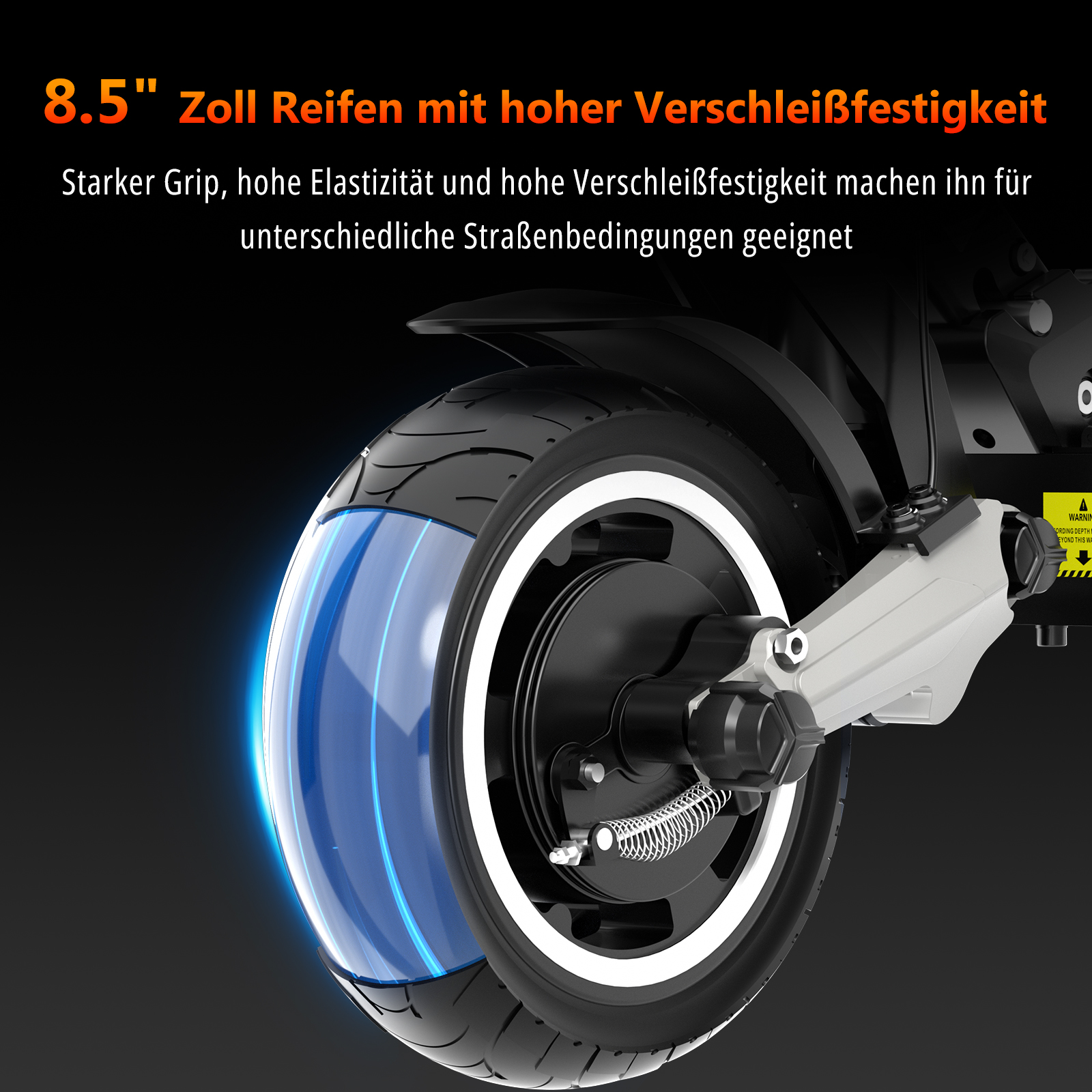 Nahaufnahme eines 8,5-Zoll-Reifens mit blauem Innenleben und Federung.