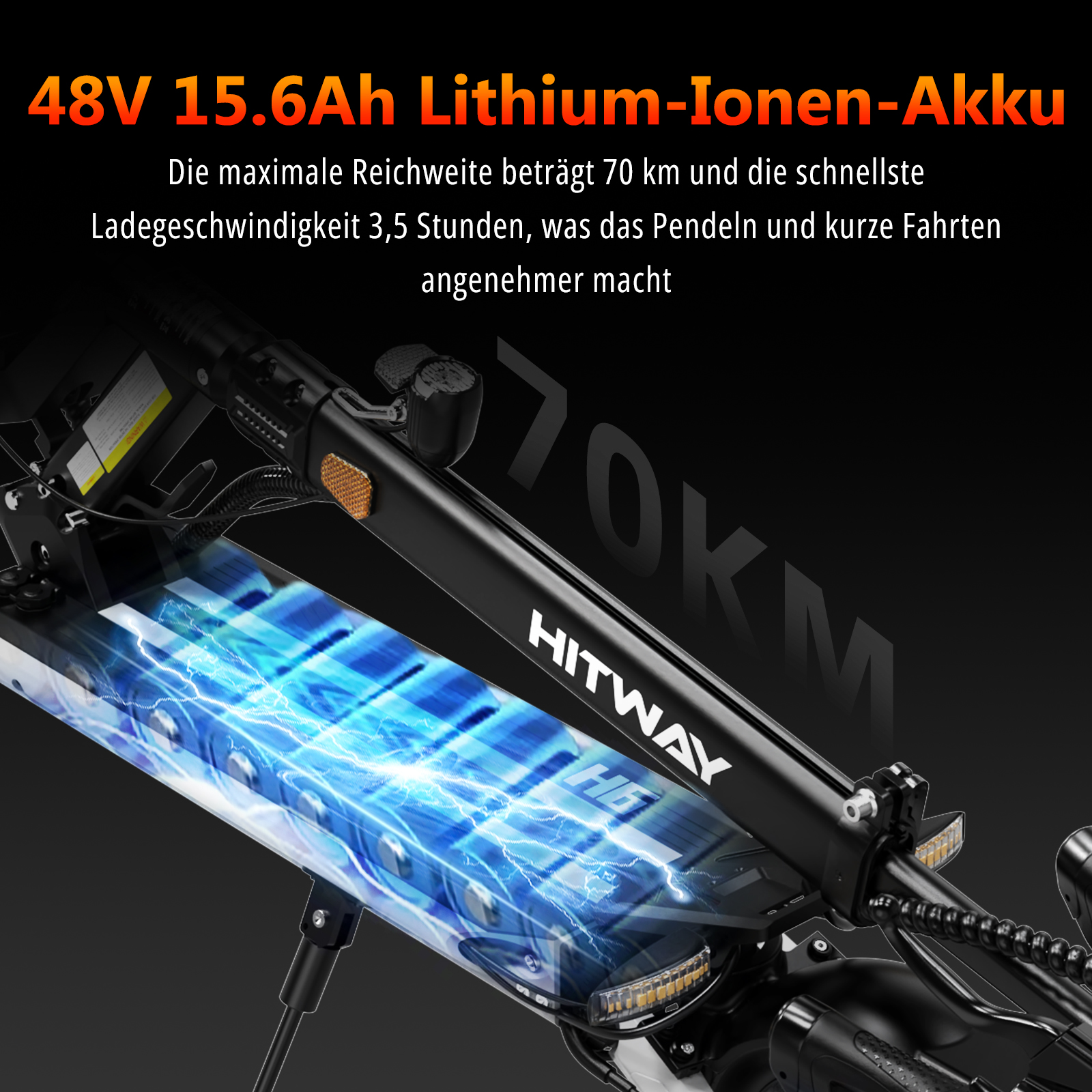 Elektroroller mit HITWAY Logo und 48V Akku, 70 km Reichweite.