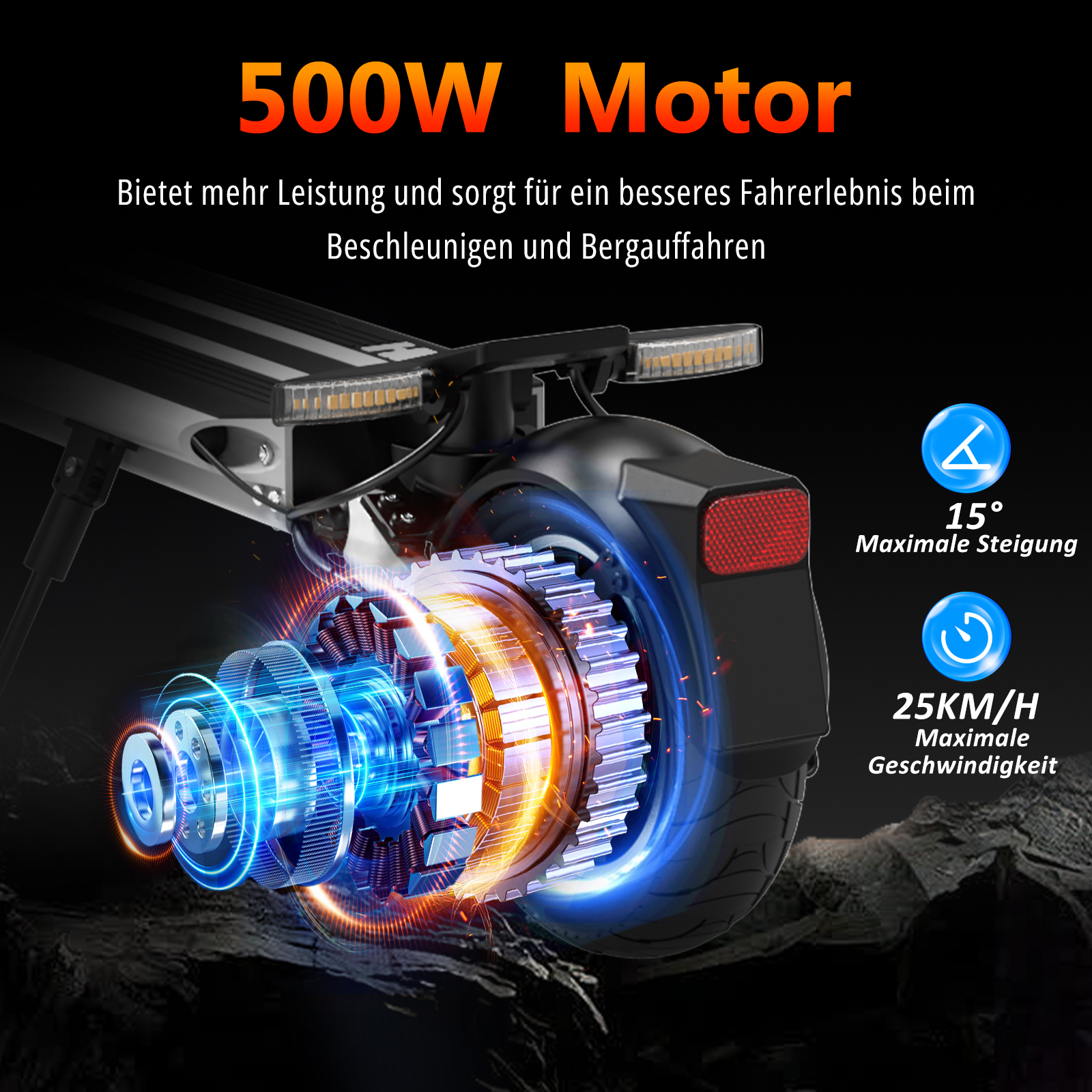500W Motor mit 15° Steigung und 25 km/h Höchstgeschwindigkeit.