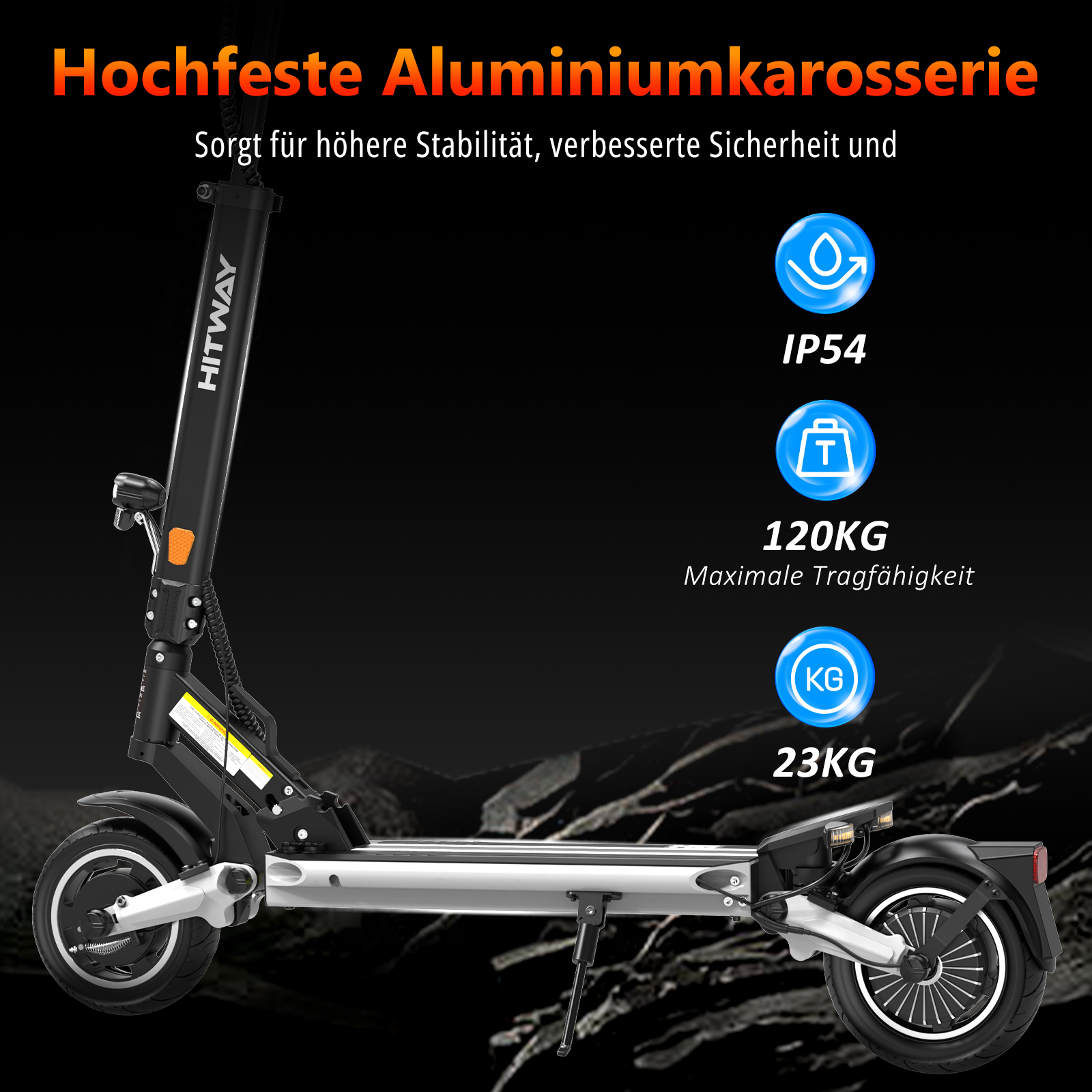 Schwarzer E-Scooter mit Aluminiumkarosserie, IP54, 120kg Tragfähigkeit, 23kg Gewicht.