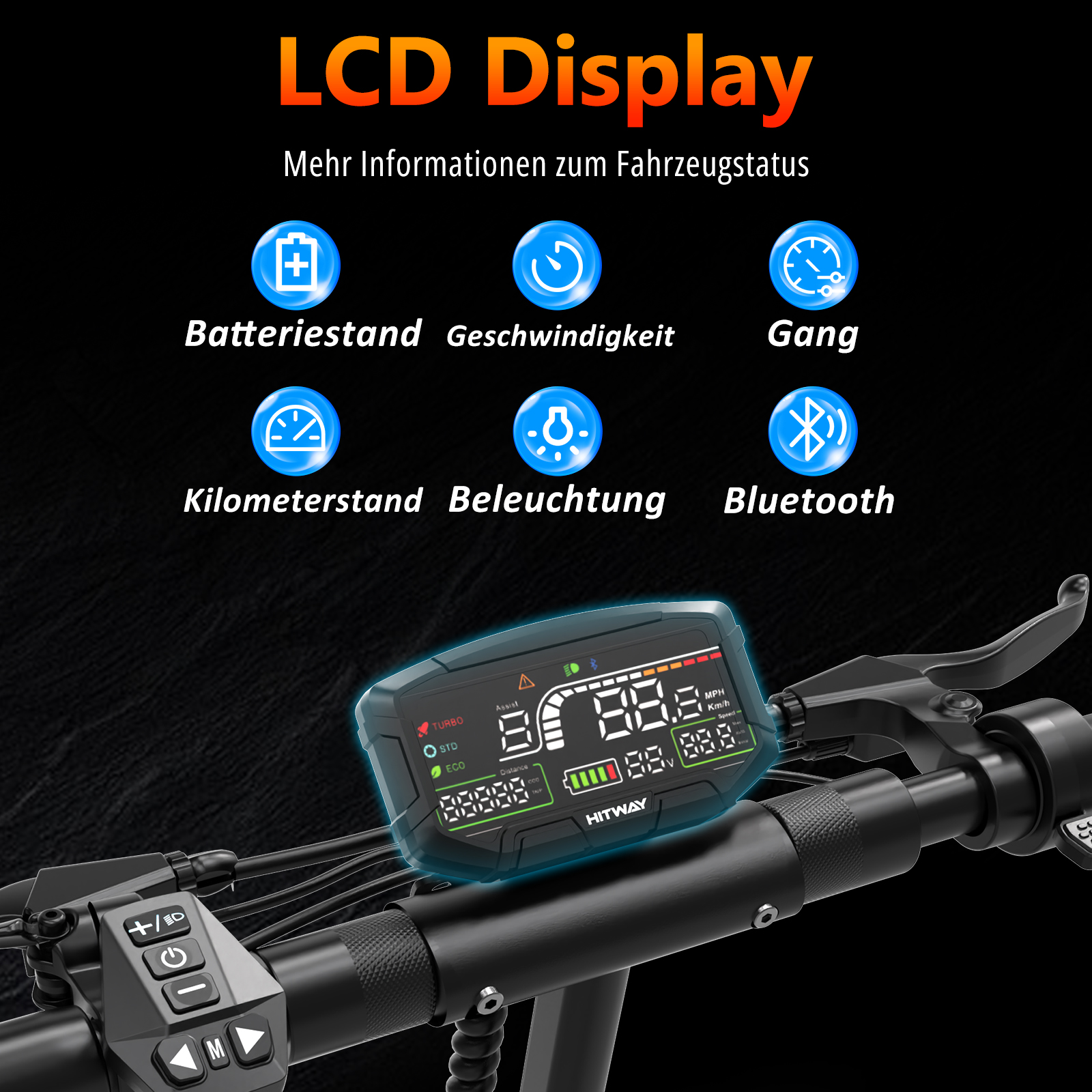 Ein Roller-Display zeigt Geschwindigkeit, Batterie, Distanz und mehr.