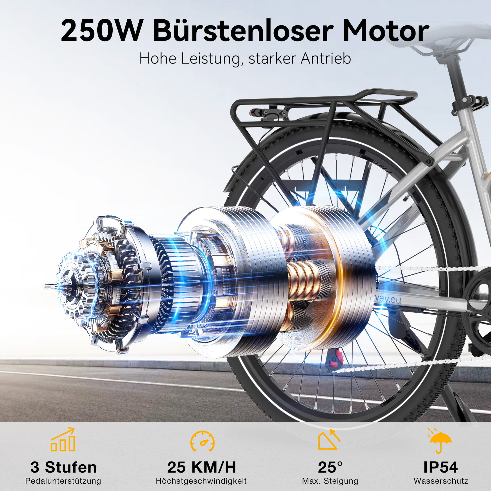 Nahaufnahme eines Fahrradmotors mit 250W Leistung, 3 Stufen, 25 km/h, 25° Steigung, IP54.