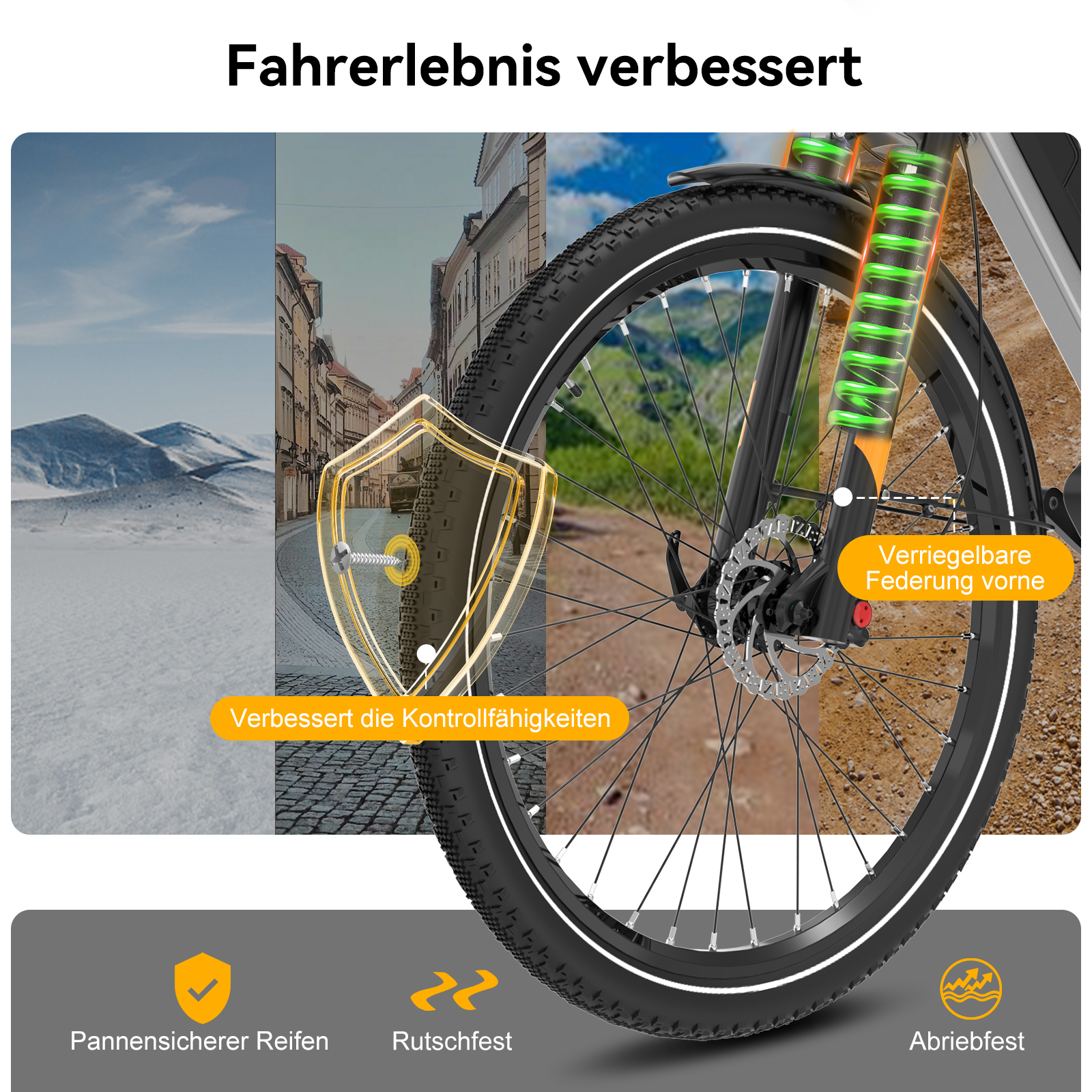 Fahrradfederung mit Schutzschild und Reifenmerkmalen.