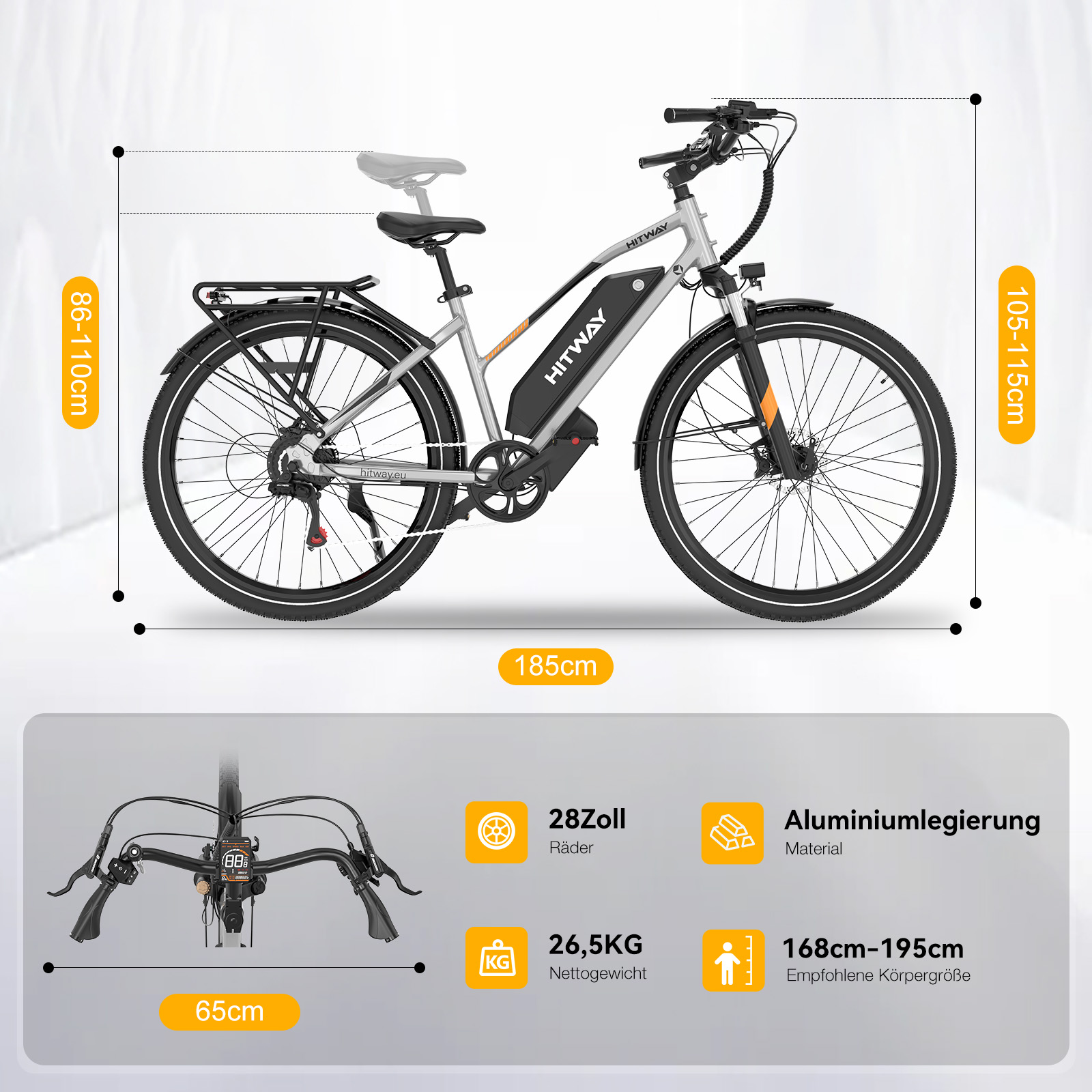 Silbernes E-Bike mit Gepäckträger, Abmessungen: 185cm L, 86-110cm H, 105-115cm H.