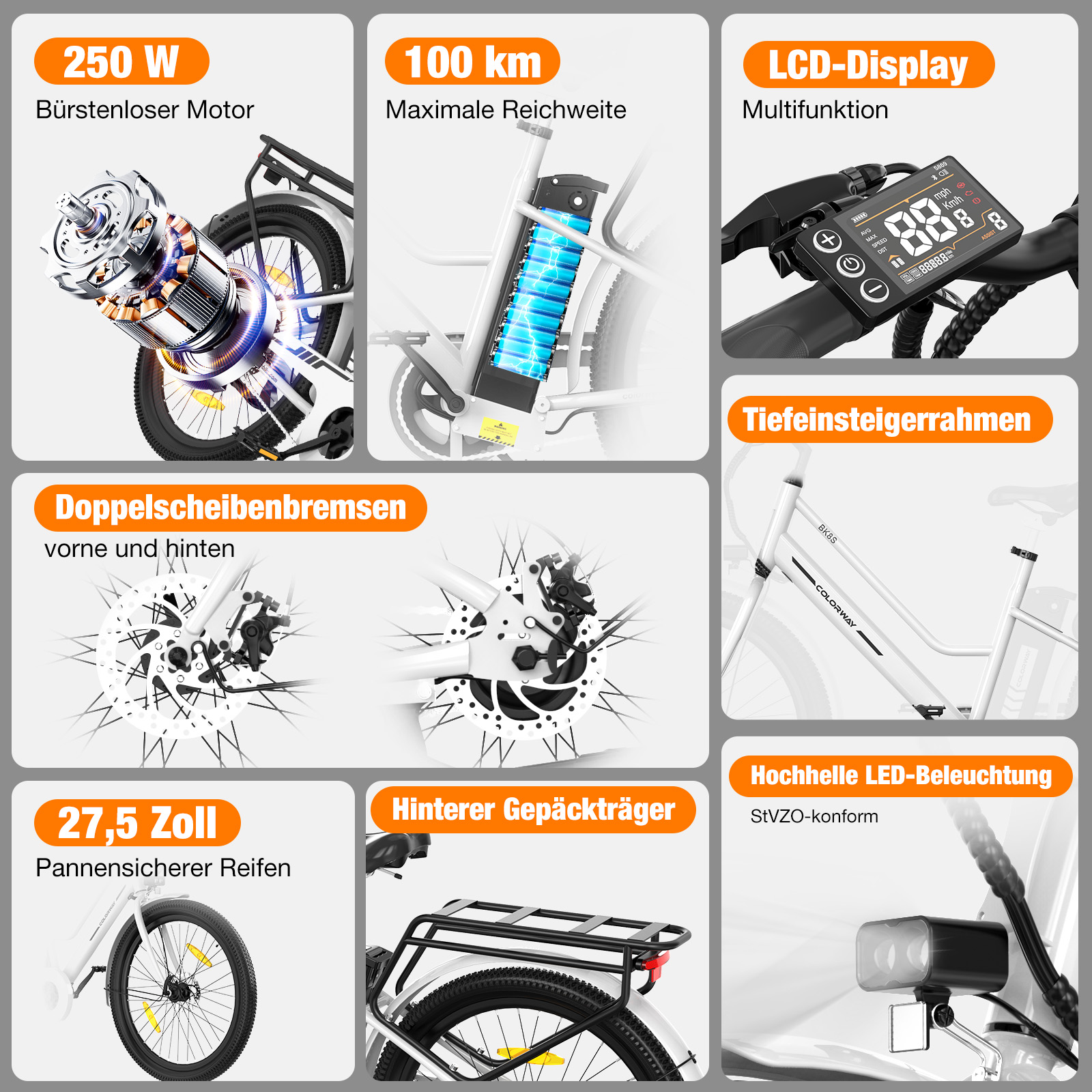E-Bike-Details: 250W Motor, 100km Reichweite, LCD, Scheibenbremsen, 27,5Zoll Reifen.
