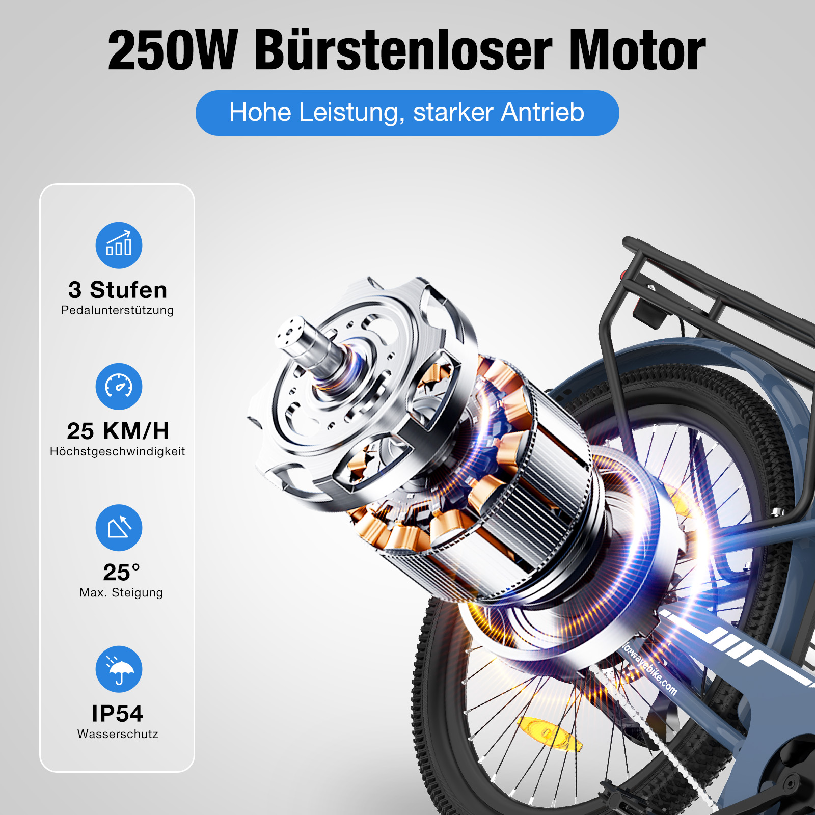 Detailansicht eines Fahrradmotors mit 3 Stufen Pedalunterstützung, 25 KM/H, 25° Steigung, IP54.