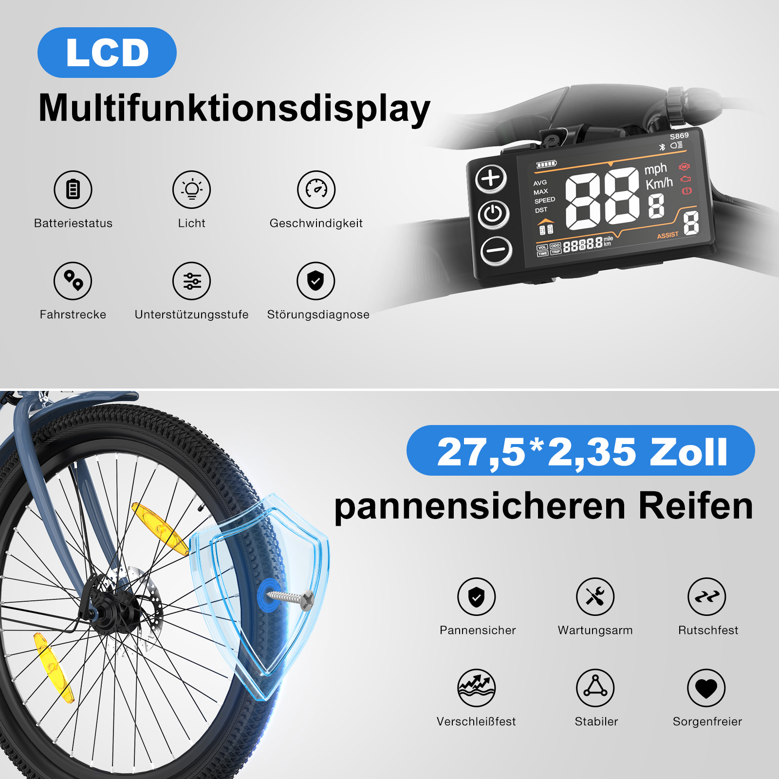 LCD Multifunktionsdisplay und pannensichere Reifen mit Icons für Funktionen.