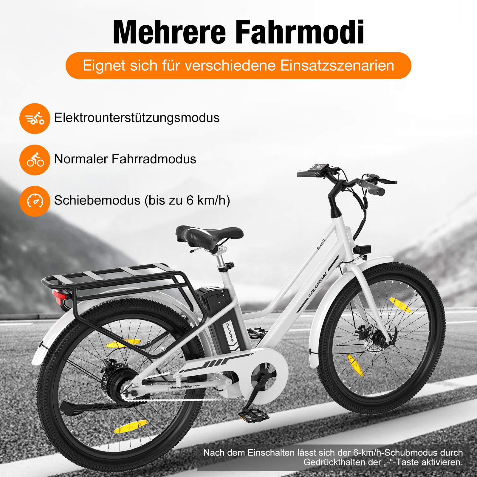Ein weißes E-Bike mit verschiedenen Fahrmodi: Unterstützung, normal, Schiebe.