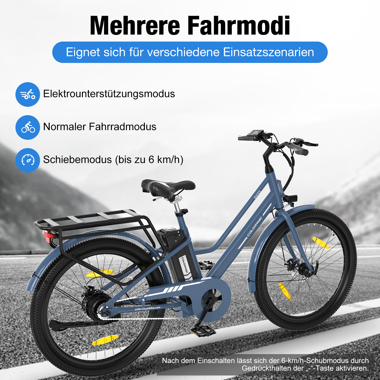 Ein blaues E-Bike mit verschiedenen Fahrmodi: Unterstützungs-, Normal- und Schiebemodus.