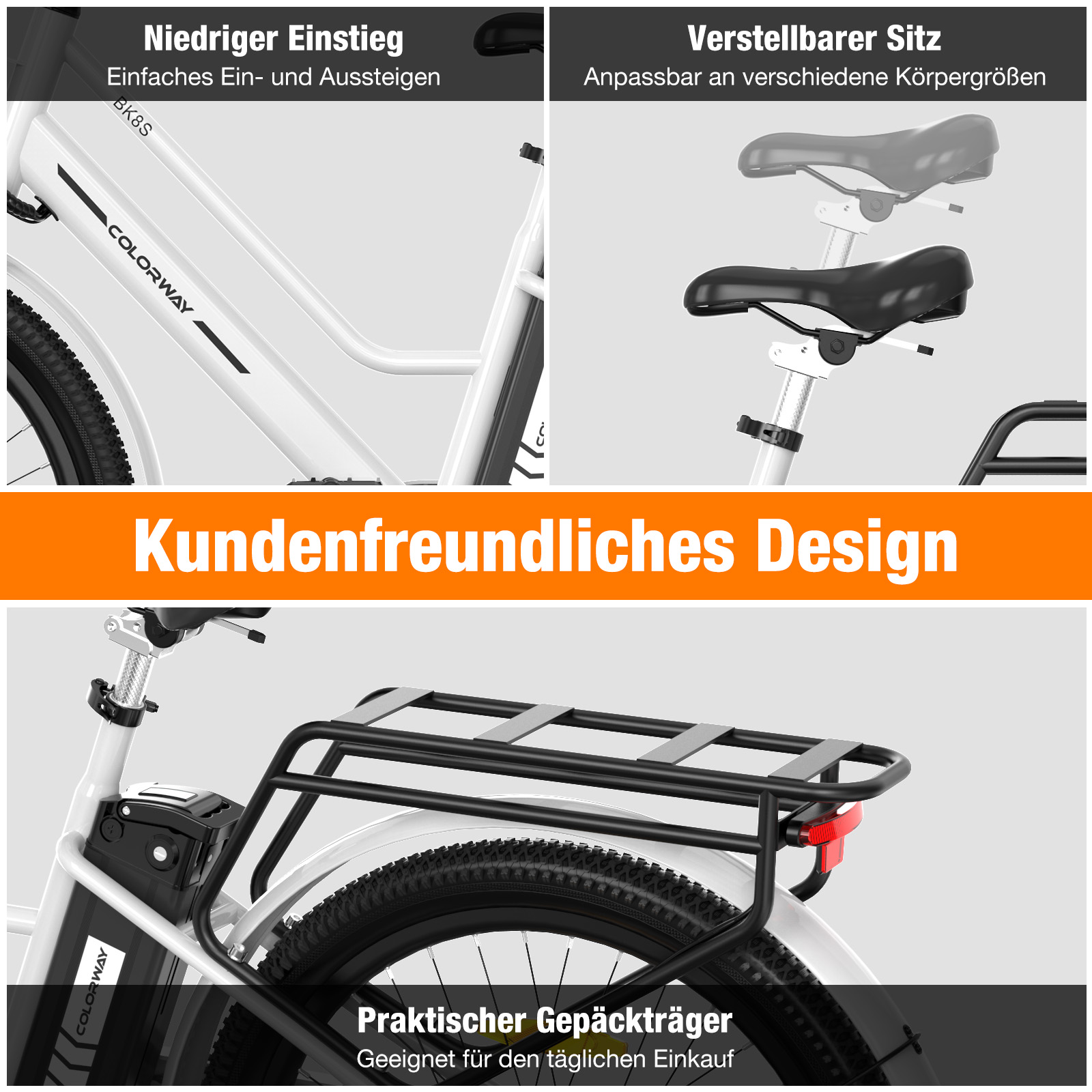 Ein weißes Fahrrad mit niedrigem Einstieg und Gepäckträger.