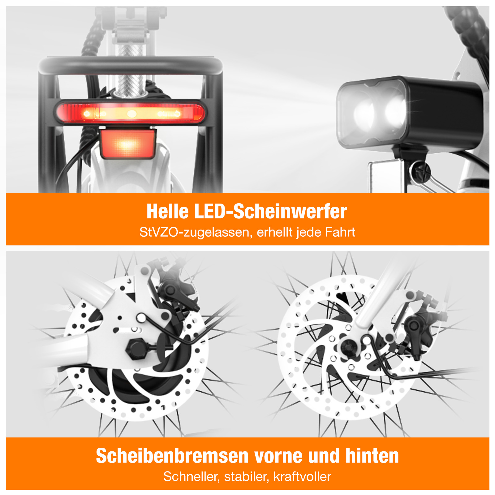 Fahrrad mit hellen LED-Scheinwerfern und Scheibenbremsen vorne und hinten.