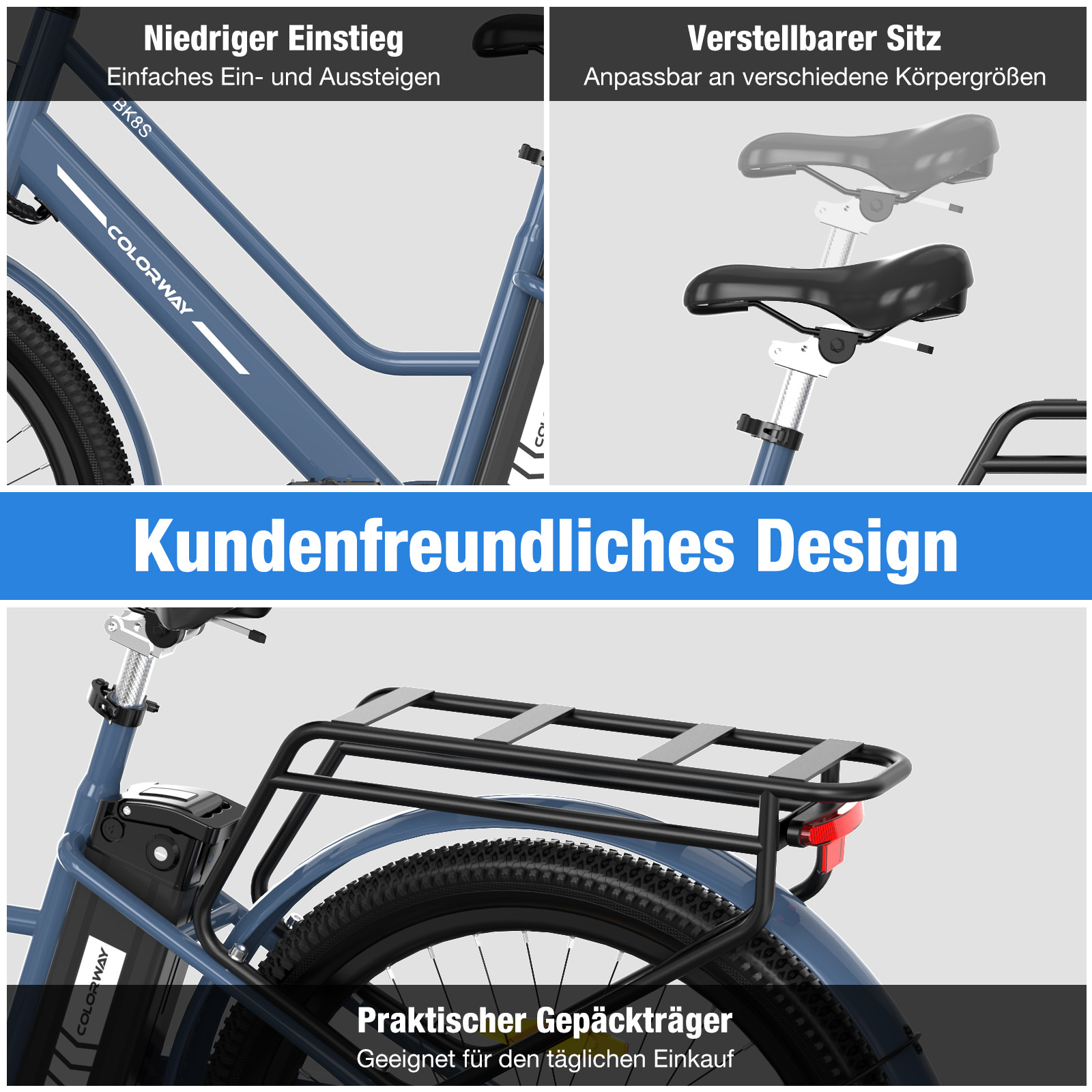 Ein blaues Fahrrad mit tiefem Einstieg, verstellbarem Sitz und Gepäckträger.