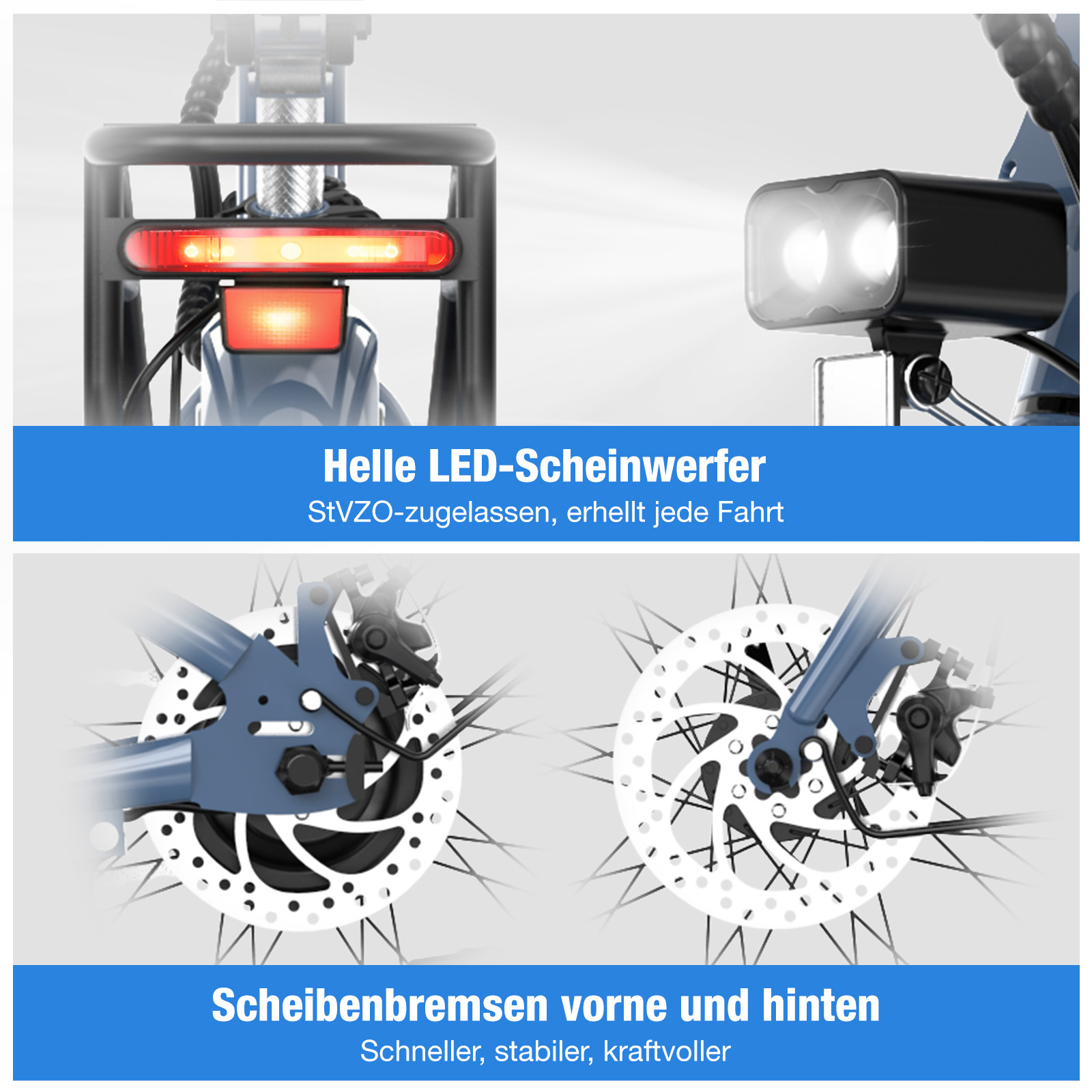 Fahrrad mit hellen LED-Scheinwerfern und Scheibenbremsen vorne/hinten.