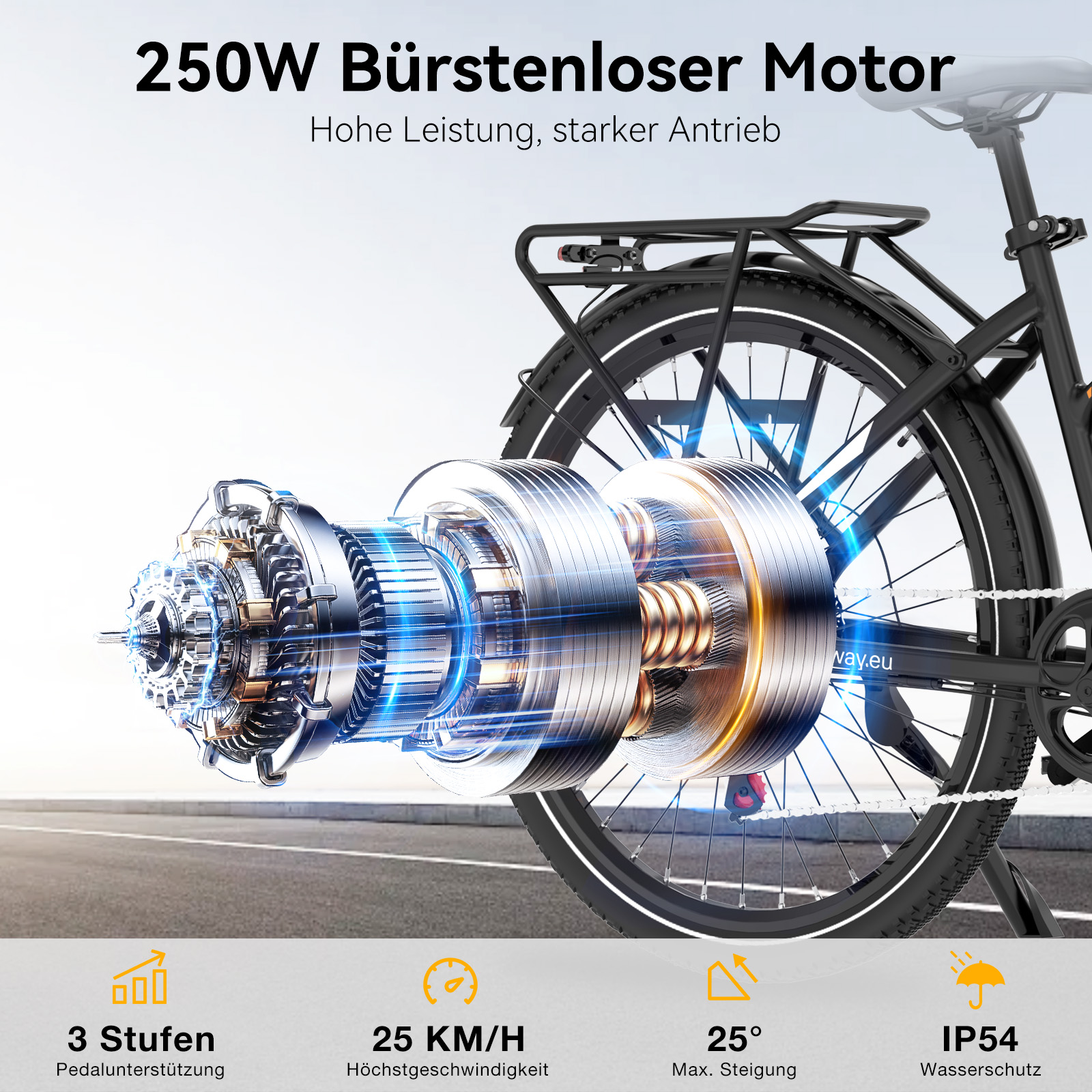 Detailansicht eines Fahrradmotors mit Text über Leistung und Eigenschaften.