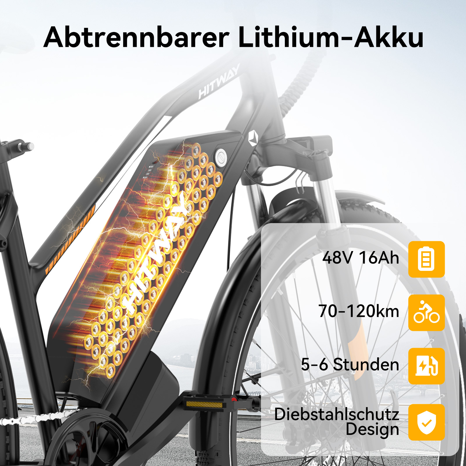 Elektrofahrrad mit abnehmbarem Akku und Ladeanzeige.