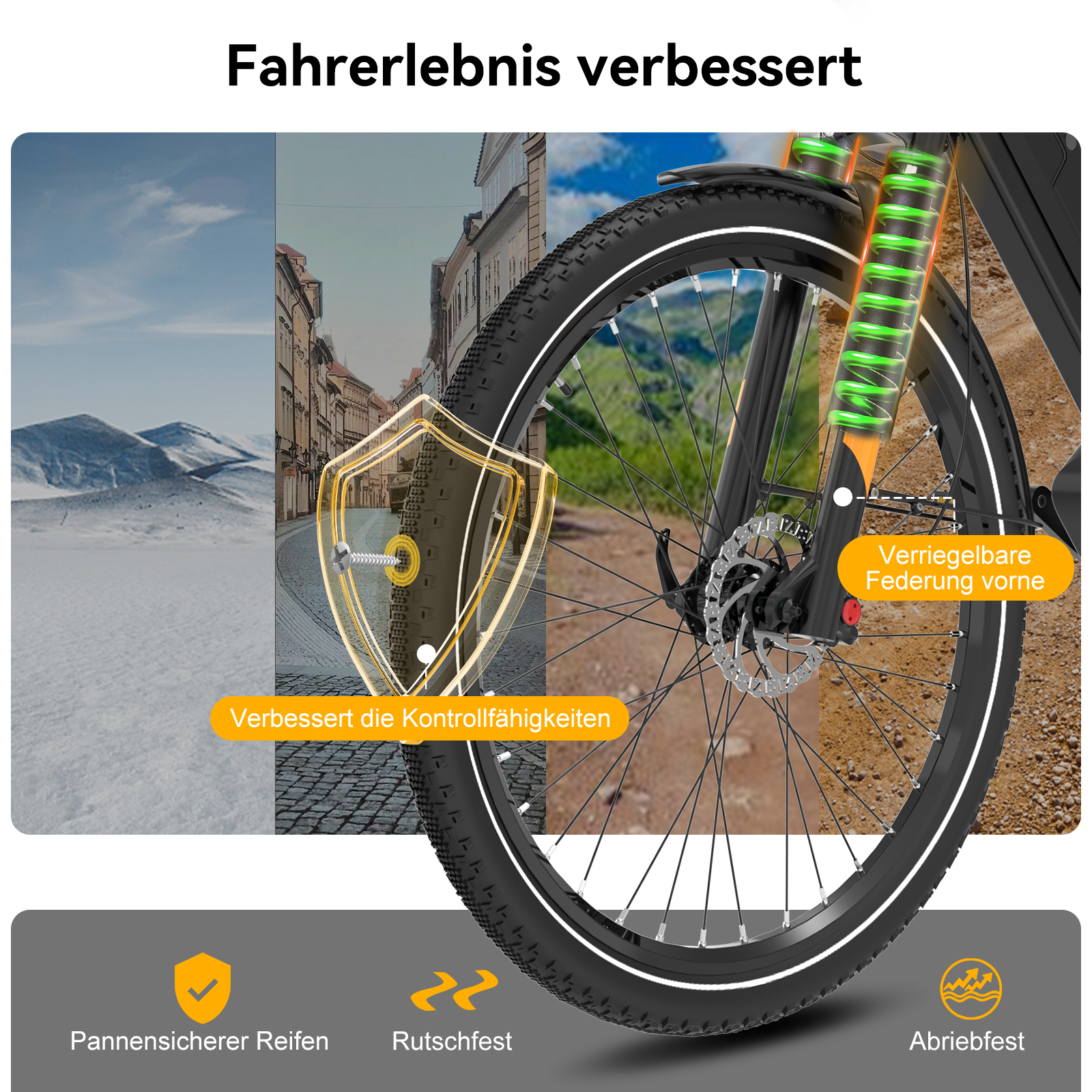 Fahrrad mit Vorderradfederung, Schutzschild mit Schraube, Schneelandschaft und Stadt.