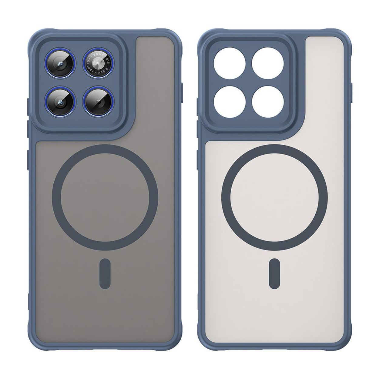 Twee telefoonhoesjes met blauwe randen en magnetische oplaadfunctie.