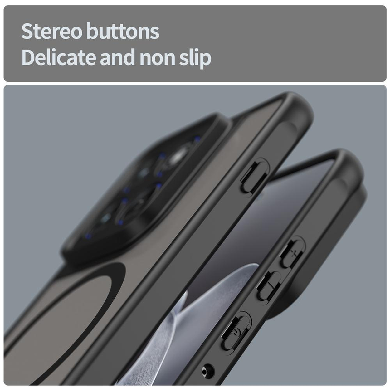 Close-up van een zwarte telefoonhoes met stereoknoppen.