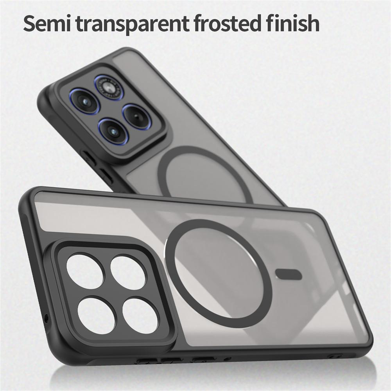 Twee semi-transparante telefoonhoesjes met magneetringen en camera-uitsparingen.