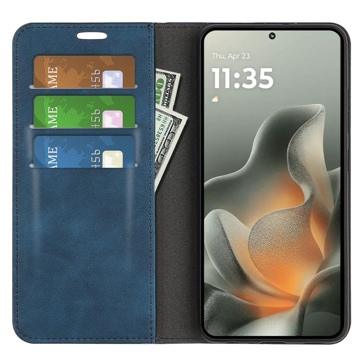 Blauw telefoonhoesje met kaarthouders en bankbiljetten, smartphone-scherm toont tijd.
